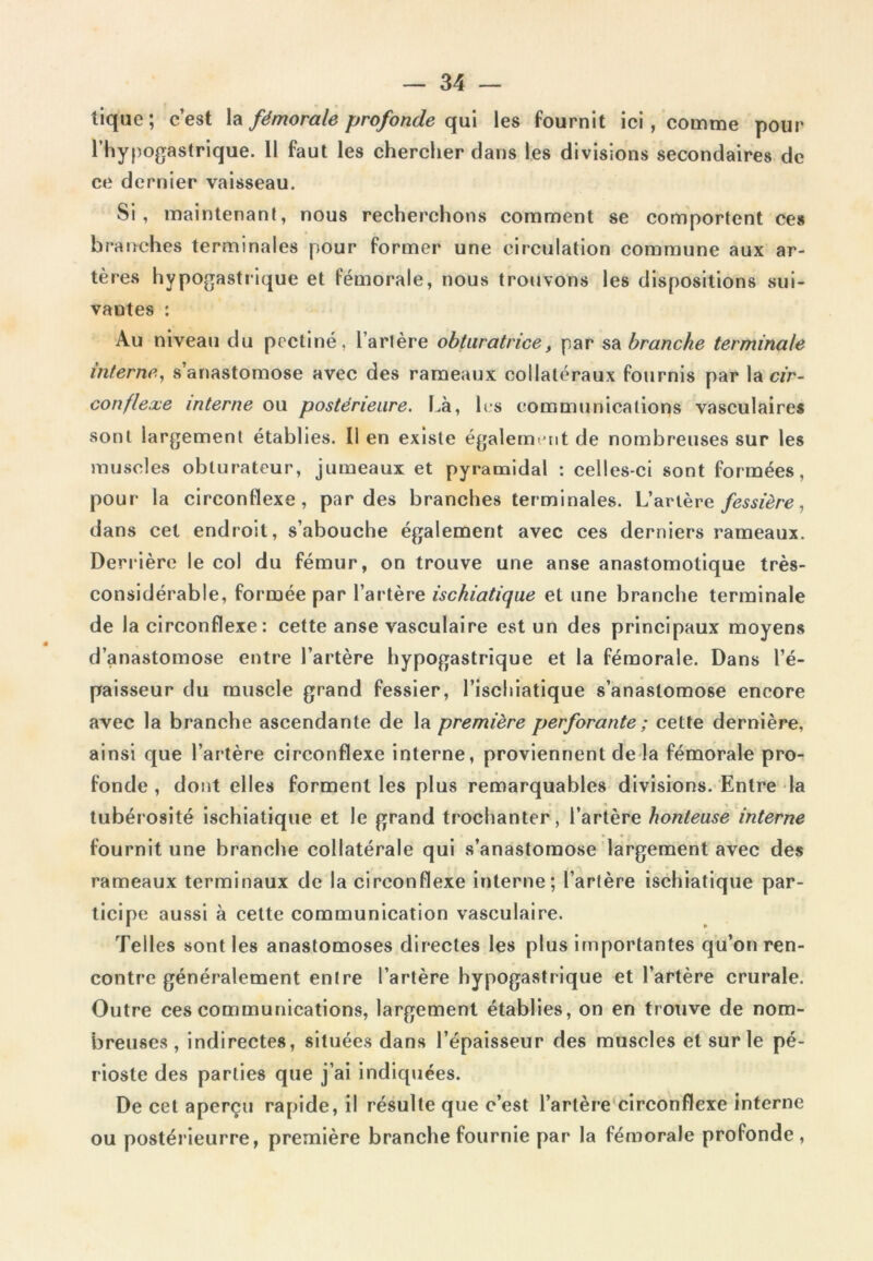 tique; c’est la fémorale profonde qui les fournit ici , comme pour l’hypogastrique. 11 faut les chercher dans les divisions secondaires de ce dernier vaisseau. Si, maintenant, nous recherchons comment se comportent ces branches terminales pour former une circulation commune aux ar- tères hypogastrique et fémorale, nous trouvons les dispositions sui- vantes : Au niveau du pectine, l’artère obturatrice, par sa branche terminale interne, s’anastomose avec des rameaux collatéraux fournis par la cir- conflexe interne ou postérieure. Là, les communications vasculaires sont largement établies. Il en existe également de nombreuses sur les muscles obturateur, jumeaux et pyramidal : celles-ci sont formées, pour la circonflexe, par des branches terminales. L’artère fessière, dans cet endroit, s’abouche également avec ces derniers rameaux. Derrière le col du fémur, on trouve une anse anastomotique très- considérable, formée par l’artère isekiatique et une branche terminale de la circonflexe: cette anse vasculaire est un des principaux moyens d’anastomose entre l’artère hypogastrique et la fémorale. Dans l’é- paisseur du muscle grand fessier, l’isehiatique s’anastomose encore avec la branche ascendante de la première perforante ; cette dernière, ainsi que l’artère circonflexe interne, proviennent de la fémorale pro- fonde , dont elles forment les plus remarquables divisions. Entre la tubérosité ischiatique et le grand trochanter, l’artère honteuse interne fournit une branche collatérale qui s’anastomose largement avec des rameaux terminaux de la circonflexe interne; Tarière ischiatique par- ticipe aussi à cette communication vasculaire. Telles sont les anastomoses directes les plus importantes qu’on ren- contre généralement entre l’artère hypogastrique et l’artère crurale. Outre ces communications, largement établies, on en trouve de nom- breuses, indirectes, situées dans l’épaisseur des muscles et sur le pé- rioste des parties que j’ai indiquées. De cet aperçu rapide, il résulte que c’est l’artère circonflexe interne ou postérieurre, première branche fournie par la fémorale profonde,