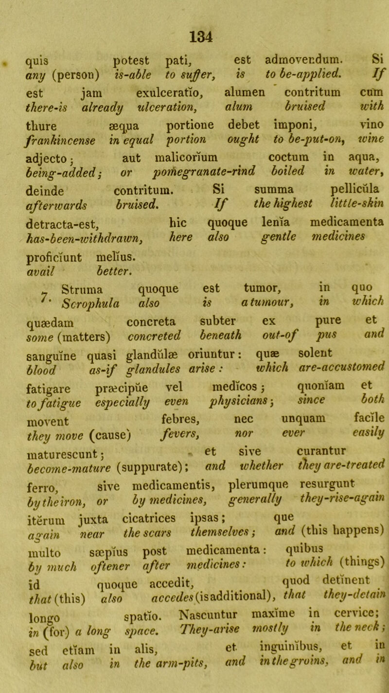 quis potest pati, est admovendum. Si any (person) is-able to suffer, is to be-applied. If est jam exulceratio, alumen contritum cum there-is already ulceration, alum bruised witk tliure aequa portione debet imponi, vino frankincense in equal portion ought to be-put-on, wine adjecto; aut malicorium coctum in aqua, being-added; or poitiegranate-rind boiled in water, deinde contritum. Si summa pellicula aftenvards bruised. If the highest little-skin detracta-est, hic quoque lenia medicamenta has-been-ivithdrawn, here also gentle medicines proficiunt melius. avail better. * Struma ' Scrophula quaedam some (matters) quoque est tumor, in also is a tumour, in concreta subter ex pure concreted beneath out-of pus quo ichich et and sanguine quasi glandulas oriuntur: qu® solent blood as-if glandules arise: tvkich are-accustomed fatigare praecipue vel medicos 5 quoniam et tofatigue especially even physicians; since both movent febres, nec unquam facile they move (cause) fevers, nor ever easily maturescunt; ■» et sive curantur become-mature (suppurate); and ivhetlier theyare-treated ferro, sive medicamentis, plerumque resurgunt bytlieiron, or by medicines, generalty they-rise-again iterum juxta cicatrices ipsas; que again near thescars thetnselves; and (this happens) multo saepius post medicamenta: quibus by much oftener after medicines: to tvkich (things) id quoque accedit, quod detinent r/m£(this) also «emtes(isadditional), that they-detain longo spatio. Nascuntur maxime in cervice; in (for) a long space. They-arise mostly in the neck; sed etiam in alis, et inguinibus, et in but also in the arm-pits, and tnthegroms, and m