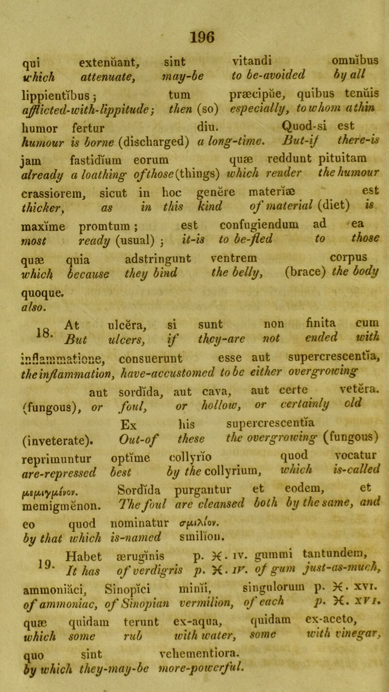 qui which extenuant, sint vitandi omnibus attenuate, may-be to be-avoided bij ali lippientibus; tum praecipue, quibus tenuis afflicted-with-lippitude; then (so) especially, towhom athin humor fertur diu. Quod-si est humour is horne (discharged) a long-time. But-iJ there-is jam fastidium eorum quae reddunt pituitam already a loathing ofthose(th.mgs) which render the humour crassiorem, sicut in hoc genere materiae est thicker, as in this kind of material (diet) is maxime promtum; est confugiendum ad ea rnost ready (usual) ; it-is to be-fled to those quae quia adstringunt ventrem corpus which because they bind the belly, (brace) the body quoque. also. 18. But finita ended cum with inflomrnofimtP lAlUUlUVIOUVj At ulcera, si sunt non ulcers, if they-are not , consuerunt esse aut supercrescentia, the injlammation, have-accustomed tobe either overgrowing aut sordida, aut cava, aut certe vetera, (fungous), or foul, or hollow, or certainly old Ex his supercrescentia Out-of these the overgrowing (fungous) optime collyrio quod vocatur best by the collyrium, which is-called Sordida purgantur et eodem, et The foul are cleansed both by the same, and nominatur c-pAiov. sinilion. (inveterate), reprimuntur are-repressed ptpiypivov. memigmenon. eo quod by that which is-namcd Habet aeruginis p. X • iv. gumini tantundein, 19‘ It has of verdigris p. X • lV. of gum just-as-much, ammoniaci, Sinopici minii, singulorum p. X* xvr. of ammoniac, of Sinopian vermilion, of each p. X. xri. quae quidam terunt ex-aqua, quidam ex-aceto, which some rub with water, sotne with vinegar, quo sint vehementiora. by which they-may-be more-powcrful.