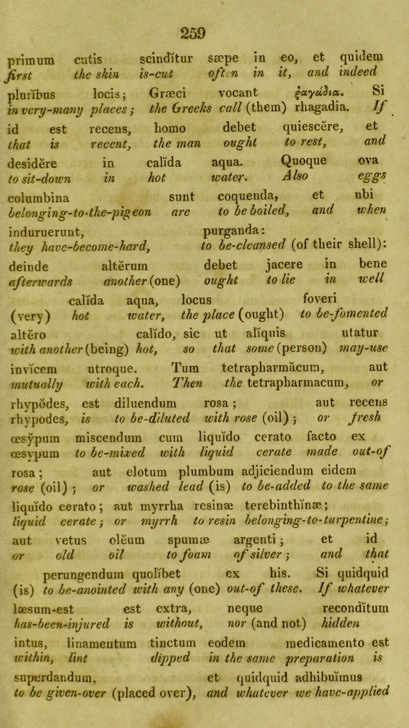 primum cutis Jirst the skin pluribus locis; in very-many places; id est recens, that is recent, desidere in to sit-down in scinditur saepe in eo, et quidem is-cut oftin in it, and indeed Graeci vocant £ayd2nx. Si the Greeks call (them) rhagadia. If homo debet quiescere, et the man ought to rest, and calida aqua. Quoque ova kot water. Also cggs columbina sunt belonging-to-the-pigeon are induruerunt, they have-become-hard, deinde alterum afterwards anotlier (one) coquenda, et ubi to beboiled, and wken purganda: to be-clcansed (of their shell): debet jacere in bene ought to lie in icell calida aqua, locus foveri (very) hot water, the place (ought) to be-fomented altero calido, sic ut aliquis utatur with another (ftxng) hot, so that some (person) may-use invicem utroque. Tum tetrapharmacum, aut mutually with each. Then the tetrapharmacum, or rhypodes, est diluendum rosa; aut recens rhypodes, is to be-diluted with rose (oil); or fresh cesyputn miscendum cum liquido cerato facto ex oesvpum to be-mixed with liquid cerate made out-of rosa; aut elotum plumbum adjiciendum eidem rose (oil) ; or waslied lead (is) to be-added to the same liquido cerato; aut myrrha resinae terebinthinae; liquid cerate ■, or myrrh to resin belonging-to-turpcntine; aut vetus oleum spumae argenti; et id or old oil to foam of silver; and that perungendum quolibet ex his. Si quidquid (is) to be-anointed with any (one) out-of these. If whatever laesum-est est extra, neque reconditum has-been-injured is without, nor (and not.) hiddcn intus, linamentum tinctum eodem medicamento est within, lint dipped in the same preparation is superdandum, et quidquid adhibuimus to be given-over (placed over), and whatever we havc-applied