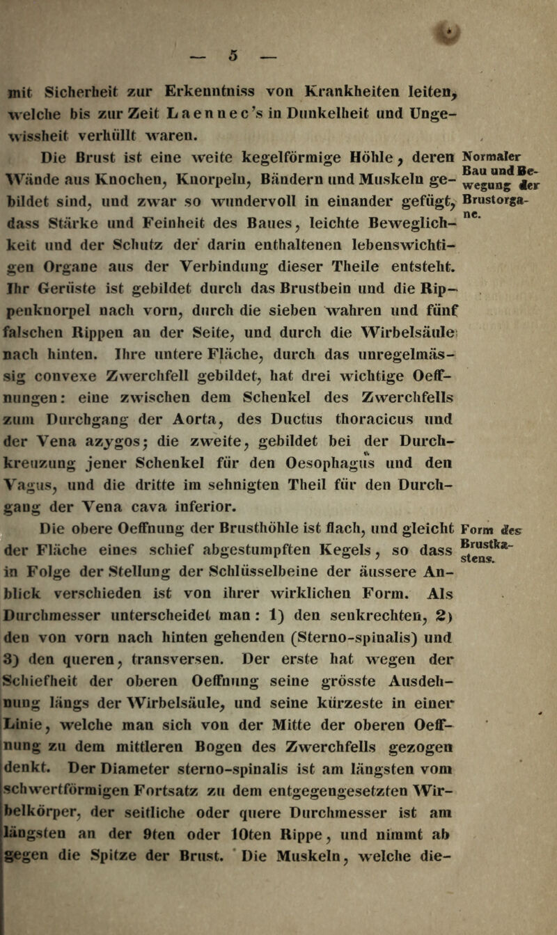 mit Sicherheit zur Erkenntniss von Krankheiten leiten, welche bis zur Zeit Laennec’s in Dunkelheit und Unge- wissheit verhüllt waren. Die Brust ist eine weite kegelförmige Höhle, deren Normaler Wände aus Knochen, Knorpeln, Bändern und Muskeln ge- wegung ier bildet sind, und zwar so wundervoll in einander gefügt, Bmstorga- dass Stärke und Feinheit des Baues, leichte Beweglich- nc* keit und der Schutz der darin enthaltenen lebenswichti- gen Organe aus der Verbindung dieser Theile entsteht. Ihr Gerüste ist gebildet durch das Brustbein und die Rip— peuknorpel nach vorn, durch die sieben wahren und fünf falschen Rippen an der Seite, und durch die Wirbelsäule nach hinten. Ihre untere Fläche, durch das unregelmäs- sig convexe Zwerchfell gebildet, hat drei wichtige Oeff- nungen: eine zwischen dem Schenkel des Zwerchfells zum Durchgang der Aorta, des Ductus thoracicus und der Vena azygos; die zweite, gebildet bei der Durch- kreuzung jener Schenkel für den Oesophagus und den Vagus, und die dritte im sehnigten Theil für den Durch- gang der Vena cava inferior. Die obere Oeffnung der Brusthöhle ist flach, und gleicht Form des der Fläche eines schief abgestumpften Kegels, so dass ******“ in Folge der Stellung der Schlüsselbeine der äussere An- blick verschieden ist von ihrer wirklichen Form. Als Durchmesser unterscheidet man : 1) den senkrechten, 2) den von vorn nach hinten gehenden (Sterno-spinalis) und 3) den queren, transversen. Der erste hat wegen der Schiefheit der oberen Oeffnung seine grösste Ausdeh- nung längs der Wirbelsäule, und seine kürzeste in einer Linie, welche man sich von der Mitte der oberen Oeff- nung zu dem mittleren Bogen des Zwerchfells gezogen denkt. Der Diameter sterno-spinalis ist am längsten vom schwertförmigen Fortsatz zu dem entgegengesetzten Wir- belkörper, der seitliche oder quere Durchmesser ist am längsten an der 9ten oder lOten Rippe, und nimmt ab gegen die Spitze der Brust. Die Muskeln, welche die-