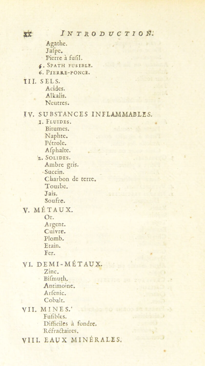 Agathe. Jafpe. Pierie a fufil. ( . Spath fusible. 6. PlERRE-PONCE. III. SELS. Acides. Alkalis. Neutres. IV. SUBSTANCES INPLAMMABLES. I. Fluides. Bitumes. Naphte. Petrole. Afphalte. 'a. Solides. Ambre gris. • Succin. Cliarbon de terre. Tourbe. Jais. Soufre. V. MtTAUX. Or. Algent. Cuivre. Plomb. Etain. Fer. VI. DEMI-M&TAUX. Zinc. Bifmuth. Antimoinc. Arfenic. Cobalt. VII. MINES.' Fufiblts. Difficiles a fondrc. Rdfraftaires.