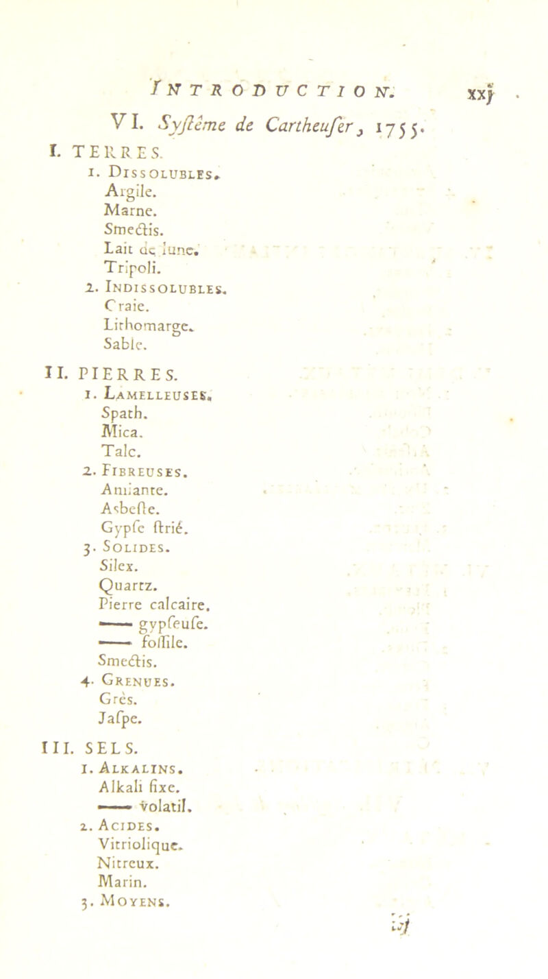VI. Syjleme de Cartheufer} 1755* I. TERRES. I. DlSSOLUBLES* Argile. Marne. Sme&is. Lait cic, lunc. Tripoli. X. Indissolubles. C raie. Lirhomarge. Sable. II. PIER RES. 1. Lamelleuses, Spath. Mica. Tale. 2. Fibreuses. Amiante. Asbefie. Gypfe ftri6. 3. Solides. Silex. Quartz. Pierre calcaire. —■ gvpfeufe. — • follile. Smecftis. 4- Grenues. Gres. Jafpe. III. SELS. 1. Alkalins. Alkali fixe. —volati!. 2. Acides. Vitriolique. Nitreux. Marin. 3. Moyens. '<■4