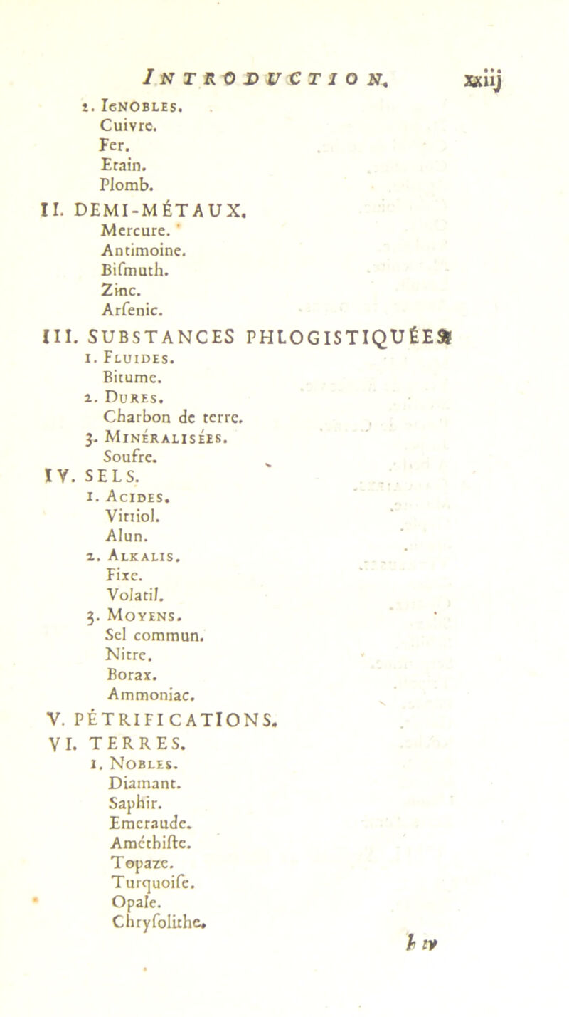 INTRQ&UVTIQN. t. Ignobles. Cuivrc. Fer. Etain. PJomb. II. DEMI-M ET A U X. Mercure. ‘ Antimoine. Bifrmnh. Zmc. Arfenic. III. SUBSTANCES PHLOGISTIQUfcE» 1. Fluides. Bitume. 2. Dures. Charbon de terre. 3. Mineralisees. Soufre. IV. SELS. x. Acides. Vitiiol. Alun. z. Alkalis. Fixe. Volatil. 3. Moyens. Sei comraun. Nitre. Borax. Ammoniac. V. PETRIFI CATIONS. VI. TERRES. 1. Nobles. Diamant. Saphir. Emcraudc. Amccbifte. Topaze. Turquoife. Opale. Chryfolithc. • • • xxuj