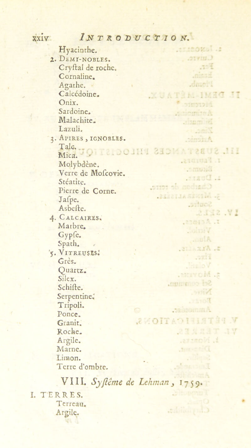Hyacinthe. 2. DiMI-NOBLES. Cryftal de roche. Cornaline. Agathe. Caicedoine. Onix. Sardoine. Malachite. Lazuli. 3. Abires , ignobies. Tale. .. Mica. ' ' Molybdene. Verre de Mofcovie. Steatite. Pierie de Corne. Jafpe. Asbefte. 4. Calcairxs. Marbre. Gypfe. Spath. '5. VitreusEs: Cres. Quartz. Silex. Schifte. Serpentine.' Tripoli. Ponce. Granit. Roche. Argile. Marne. Limon. Terre d’ombre. VIII. Syfleme I. TERRES. Terreau. Argile. t •ttVi.l 'C l O IT * • I T Lehman j 1759*