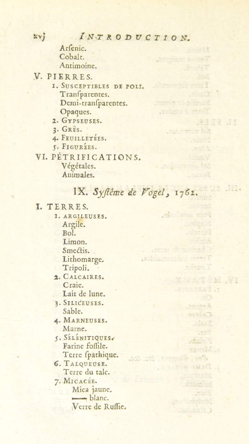 Arfenic. Cobalt. Antimoine. y. PIERRES. 1. SuSCEPTIBLES DE POLI. Tran fparentes. Demi-tranfparentes. Opaques. 2. Gypseuses. 3. Gres. 4. Feuilletees. j. Figurees. VI. PETRIFICATIONS. Vegetales. Animales. IX. Syjlime de Vogel3 1762. I. TERRES. I. ARGI1EUSES. Argile. Bol. Limon. Smediis. Lithomarge. Tripoli, a. Calcaires. Craie. Lait de lune. 3. SlLldEUSES. Sable. 4. Marneuses. Marne. 5. Selenitiques^ Farine foflile. Terre fpathique. (3. Talqueose. Terre du tale. 7. Micacee. Mica jaunc. —— blanc. ,Verre dc Ruflie.