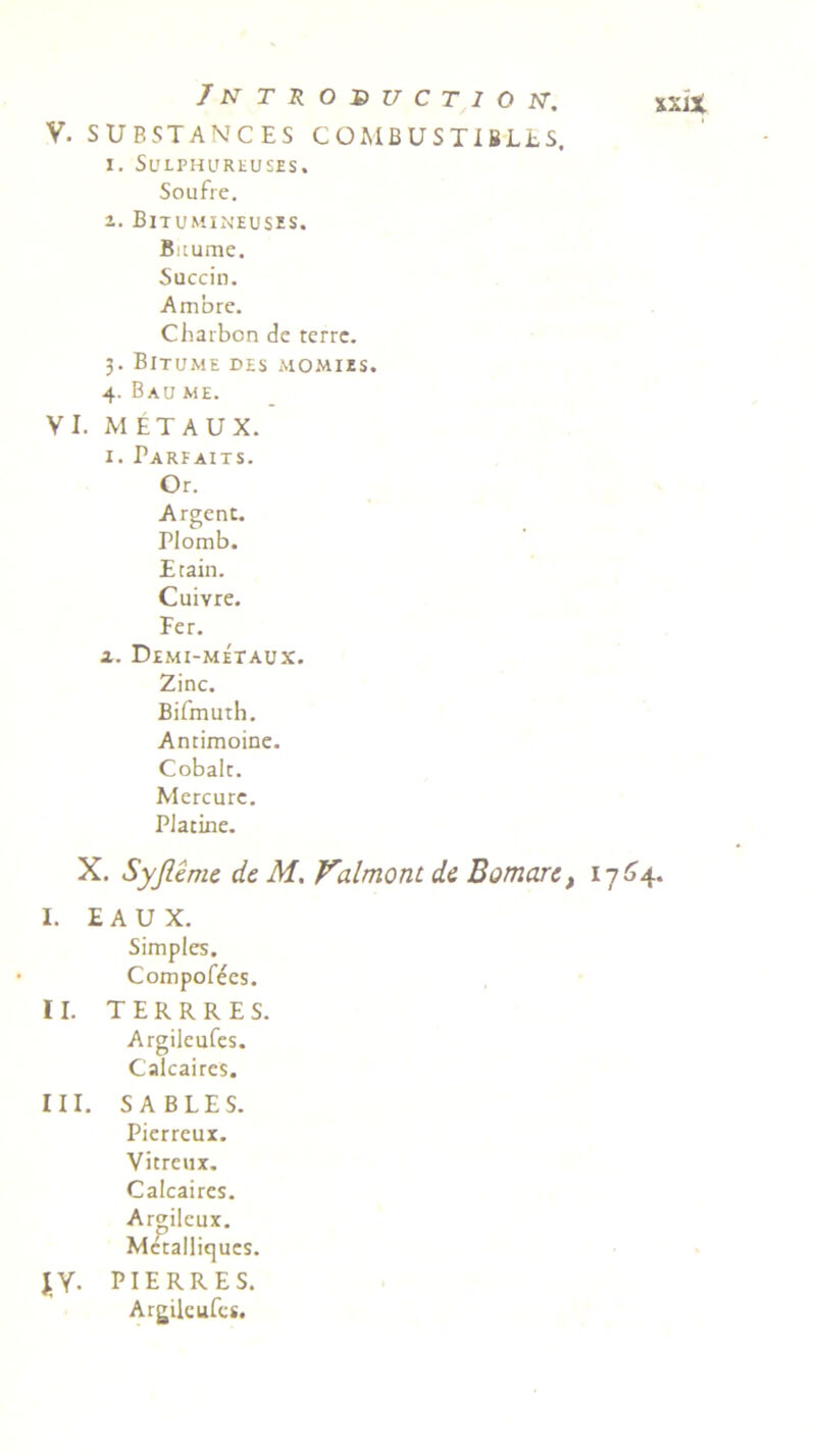 V. SUBSTANCES COMBUSTIBJLES, 1. Sulphureuses. Soufre. 2. Bitumineuses. Buume. Succin. Ambre. Charbon de terre. 3. Bitume des momizs. 4. Bau me. VI. METAUX. 1. Parfaits. Or. Argent. Plomb. Etain. Cuivre. Fer. 2. Demi-metaux. Zinc. Bifmuth. Antimoine. Cobalt. Mercure. Platine. X. Syflemc dc M. Valmont dc B ornare t 17A4. I. EAUX. Simples. Compofees. II. T E R R R E S. Argilcufes. Calcaires. III. SABLES. Pierreux. Vitreux. Calcaires. Argileux. Metalliques. JY. PI ERRES. Argilcufes.