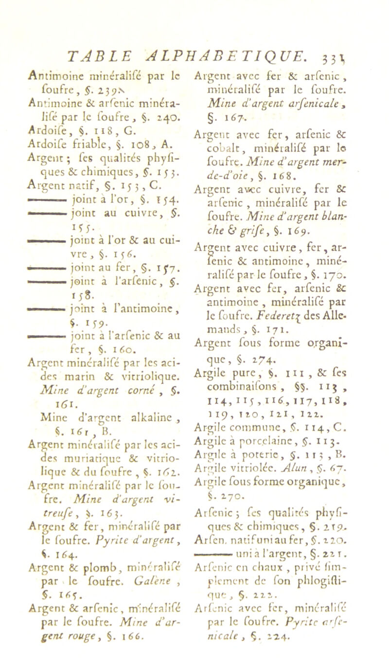 TABLE ALPHABETIQUE. 55^ Antimoine mineralife par lc foufre, §. 239.N Antimoine & arfenic minera- Jife par Ic foufre, §. 240. Ardoife, §. 118 , G. Ardoife friable, §. 108, A. Argent; fes qualites phyfi- ques 8c chimiques, 153. Argent natif, §. 153,0. — joint a l’or, §. 154. — joint au cuivre, §. '■ joint a l’or & au cui- vre ,§.156. — ■ ■ joint au fer, §. 1 fy. —— - joint a 1'arfenic, $. *j8- ——joint a 1’antimoine, i-.1!?- — . joint a 1'arfenic & au fer , §. 1 60. Argent mineralife par les aci- des marin & vitriolique. Eline d’argent corne , §. 161. Mine d’argent alkaline, $. 161 , B. Argent mineralife par les aci- des muriatique & vitrio- lique & du foufre , §. uii. Argent mindralifd par le fou- fre. Mine d'argent vi- treufe, $. 163. Argent & fer, mineralife par le foufre. Pyrite d'argent, *. 164. Argent & plomb, mineralife par le foufre. Galene , §■ I6f. Argent & arfenic, mineralife par le foufre. Mine d'ar- gent rouge, §. 166. Argent avec fer & arfenic , mineralife par le foufre. Mine d'argent arfenicale , §. 167. Argent avec fer, arfenic & cobalt, min£ralif£ par le foufre. Mine d'argent mer- de-d’oie, §. 168. Argent av-ec cuivre, fer Sc arfenic , mineralife par le foufre. Mine d’argent blan- che & grife, §. 169. Argent avec cuivre, fer, ar- fenic & antimoine, mine- ralife par le foufre, §. 170. Argent avec fer, arfenic Sc antimoine , mineralife par le foufre. Federet{ des Alle- mands, §. 171. Argent fous forme o.rgani- que, §. 274. Argile pure, §. n 1 , & fes combinaifons , §5. 113 , 114,115,n6,117, 118, liq, 120, IU, 12 2. Argile commune, $. 114, C. Argile a porc.claine, §. 113. Argile a poterie, §. 113 , B. Argile vitriolee. Alun , §. 6j. Argile fous forme organique, §. 270. Arfenic; fes qualires phyfi- ques& chimiques, §. itp. Arfen. natifuniau fer, 5- 220. uni a 1'argenr, §. 22 t . Arfenic cn cliaux , prive fim- plement dc fon phlogifti- que, §. 111 • Arfenic avec ler, mineralife par lc foufre. Pyrite arfe- nicale , 27.4.