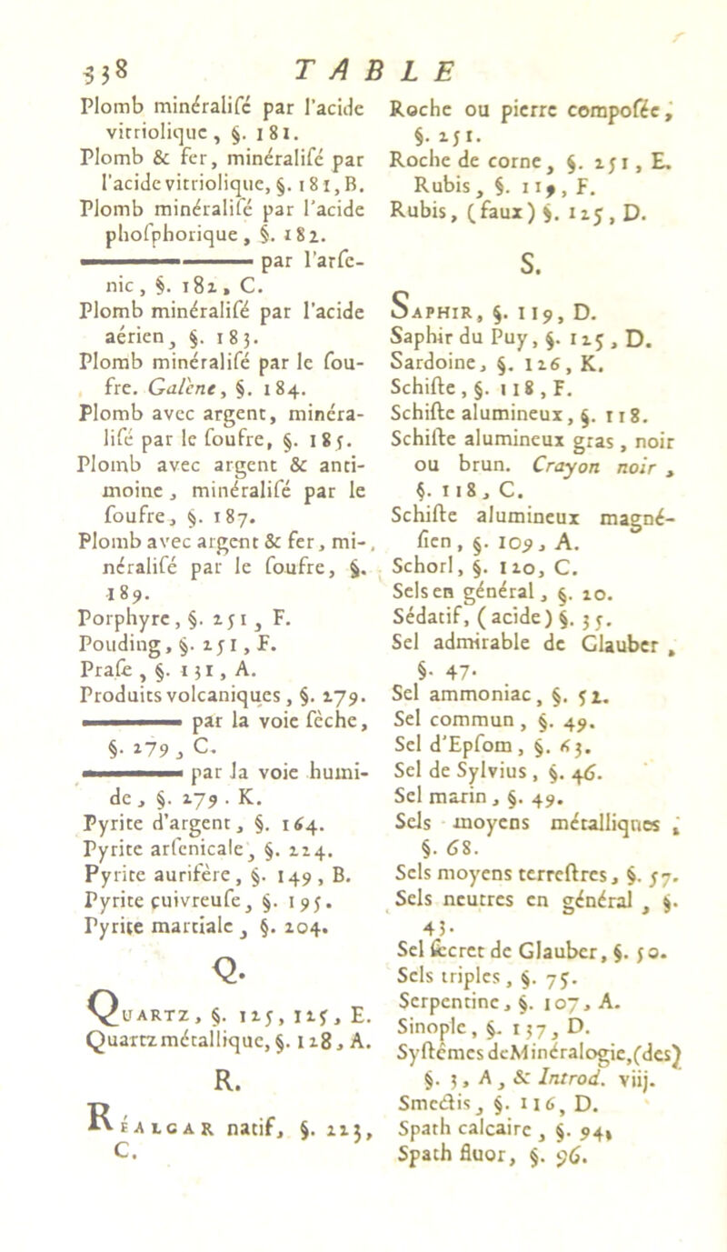 Plomb mineralife par l'acide vitriolique , §. i 81. Plomb & fer, mineralife par 1’acide vitriolique, §. t8i,B. Plomb mineralife par 1’acide phofphorique, §. 182. ■ ' '■■■—■. par 1’arfc- nic , §. 182 > C. Plomb mineralife par 1’acide aerien, §. 183. Plomb mineralife par le fou- fre. Galene, §. 1 84. Plomb avec argent, minera- life par le foufre, §. 185. Plomb avec argent & anti- moine , mineralife par le foufre, §. 187. Plomb avec argent & fer, mi-, ncralife par le foufre, 189. Porphyre , §. xy 1 , F. Pouding, §. xy 1, F. Prafe , r 31, A. Produits volcaniques, §. 179. ■ 1 ■ par la voie fechc, §. 279 , C, par Ja voie humi- de , §. 179 . K. Pyrite cfargent, §. 164. Pyritc arfcnicale, §. 124. Pyrite aurifere, §. 149 , B. Pyrite yuivreufe, §. 195. Tyrite martiale , §. 104. Q. Quartz, §. 125, ixy, E. Quartzmetallique, §.128, A. R. ^uicar natif, §. 21 x, C. Roche ou pierre corapoffe, §• Roche de corne, §. xyi, E. Rubis, §. 11 j , F. Rubis, (faux) y 125, D. S. Saphir, $. 119, D. Saphir du Puy, 1 x 5 , D. Sardoine, §. 126, K. Schifte , §. 11 8 , F. Schifte alumineux, §. 118. Schifte alumineux gras, noir ou brun. Crayon noir , §. 118, C. Schifte alumineux magni- fico , §. 109, A. SchorI, §. 1 20, C. Selsen general, §. 20. Sedatif, (acide) §.35. Sei admirable dc Clauber , §* 47- Sei ammoniac, §, yz. Sei commun , §. 49. Sei d’Epfom , §. Aj. Sei de Sylvius , §. 46. Sei marin , §. 49. Sels rnoycns metalliqnos , §. 68. Scis moyens terrcftres, §. /7. Sels neutres cn giniral . i. 45- Sei fccrct dc Glaubcr, §. y o. Sels triples , §. 75. Serpentine, §. 107, A. Sinoplc, §. 137, D. SyftemcsdeMiniraIogie,(des) §. 3, A , & Introd. viij. Smc&is, §. 11 6, D. Spath calcaire , §. 94* Spath fluor, §. 96.
