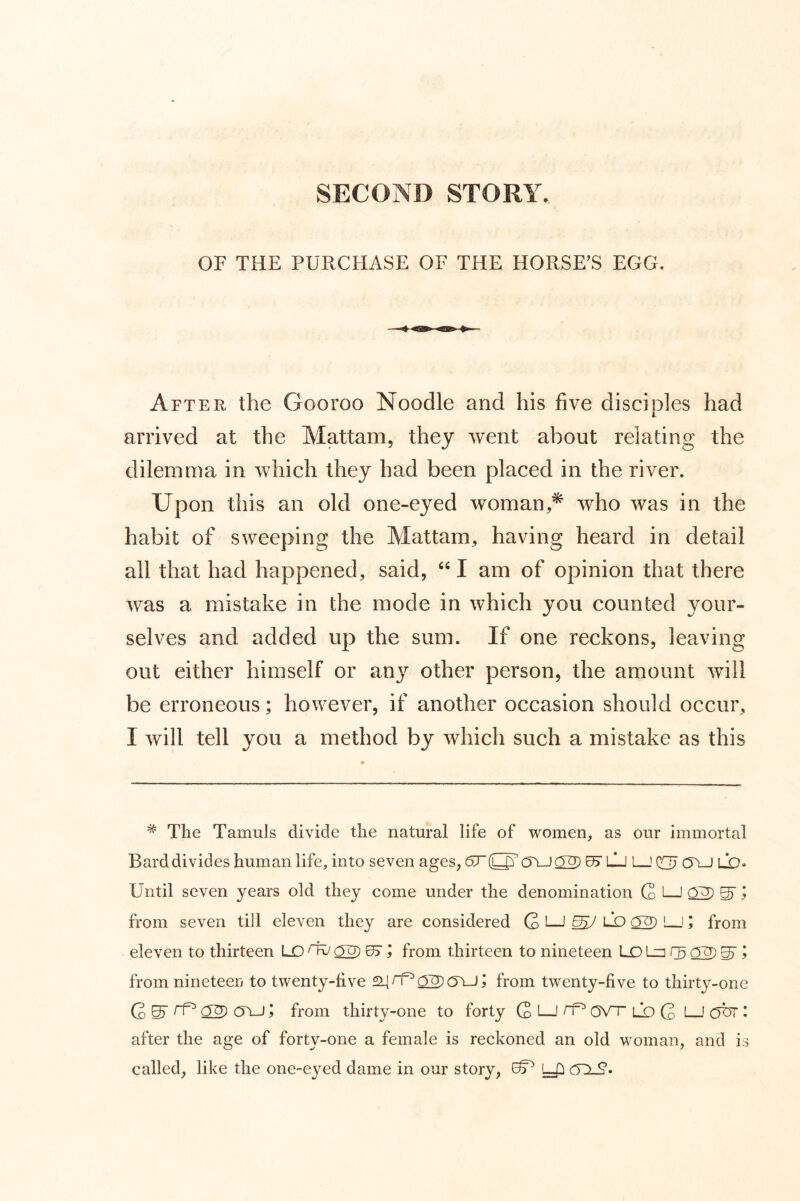 SECOND STORY, OF THE PURCHASE OF THE HORSE’S EGG. After the Gooroo Noodle and his five disciples had arrived at the Mattam, they went about relating the dilemma in which they had been placed in the river. Upon this an old one-eyed woman,* who was in the habit of sweeping the Mattam, having heard in detail all that had happened, said, I am of opinion that there was a mistake in the mode in which you counted your- selves and added up the sum. If one reckons, leaving out either himself or any other person, the amount will be erroneous; however, if another occasion should occur, I will tell you a method by which such a mistake as this * The Tamuls divide the natural life of women, as our immortal Bard divides human life, into seven ages, 07 LJ 1 IQOJ (Ts-J LD* Until seven years old they come under the denomination G 1 ! S' i from seven till eleven they are considered Q ! ^ ^7 LD 02)' ; from eleven to thirteen LD ^ ^2 I from thirteen to nineteen LD Ln 02 S’ ? from nineteen to twenty-live 24 rf^ 02 OVJ; from twenty-five to thirty-one G S’ ^2) OVJ; from thirty-one to forty G I—rp OVT LD G 1 CTor : after the age of forty-one a female is reckoned an old woman, and is called, like the one-eyed dame in our story, ^ OO-?.