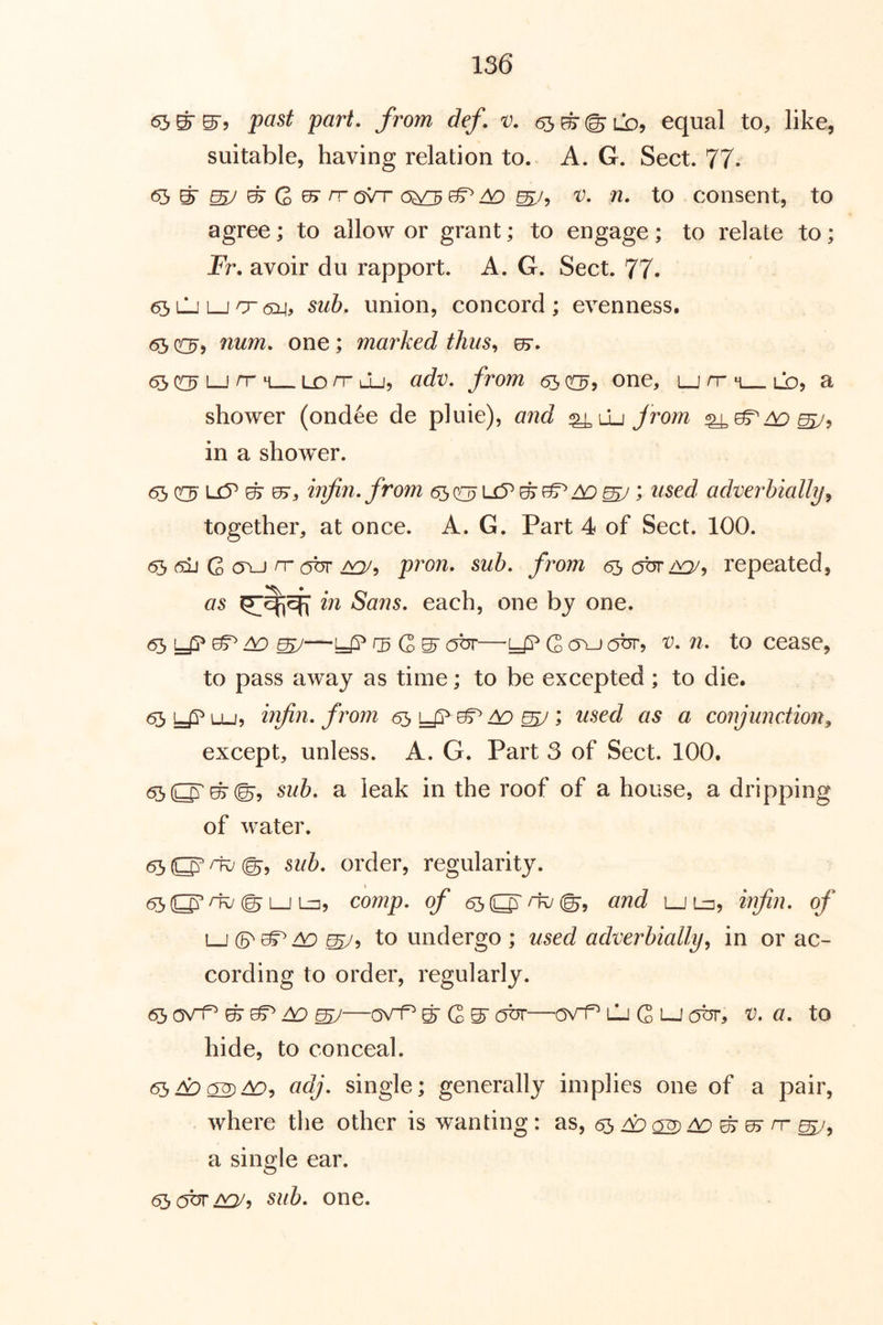 65^^, past part, from def v. ^efe-^Lb, equal to, like, suitable, having relation to. A. G. Sect. 77. <55 gr ^ ^ G ^ rr ovr o$o ^ ^ W-) to consent, to agree; to allow or grant; to engage; to relate to; Fr. avoir du rapport. A. G. Sect. 77. <55 LJ LJ o (SLi, sub. union, concord ; evenness. Q[^, num. one; marked thus., d5Q:^Ljn-H Lorrdj, adv. from 6h Oj one, u rr m ld? a shower (ondee de pluie), and jrom in a showier. 6}) 05’ ^ infin.from ^^adverbially^ together, at once. A. G. Part 4 of Sect. ICO. (53 (5ii G <5vj rr A9/, pmz. from 65 repeated, ^5 in Sans, each, one by one. <55 y? ^ ^ 57—yP f3 obr—yP G ovj ot^r, v. n. to cease, to pass away as time; to be excepted ; to die. 65 yp Lu, hfin. from 65 yp ^ ^ 5/; used as a conjunetion^ except, unless. A. G. Part 3 of Sect. 100. sub. a leak in the roof of a house, a dripping of water. 65 0’^©? order, regularity. 65 O’ ^ © LJ Lt], comp, of 65 O' and i_i l^, infin. of to undergo; used adverbially^ in or ac- cording to order, regularly. 65 ^ ^ 57 ovf^ ^ G S’ OsTf^ Lll G LJ V. a. to hide, to conceal. 65^9 02)^5 adj. single; generally implies one of a pair, where the other is wanting: as, 65 47 02) ^ ^ n- 57, a single ear. (^obrAQ/, sub. one.