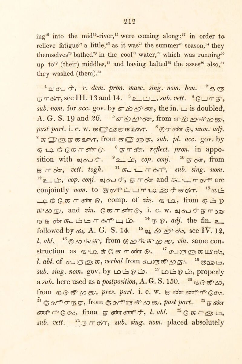 ing^^ into the mid^'^-river/^ were coming along in order to- relieve fatigue’^ a little/® as it was^^ the summer^^ season/^ they themselves^^ bathed^^ in the cooP^ water/^ which was running'*^ up to^^ (their) middles/® and having halted®^ the asses®® also/^ they washed (them)P® r. dem, pron, masc, sing, nom, hon, r:5n-aVT, seelll. 13 and 14. ^ 2—iLi\-^,suh,vett, sub, nom, for acc, gov. by 6r^^ijur9 the in. lj is doubled, A. G. S. 19 and 26. ^from 6r^ past part, i. c. w. ^@cr(5rfer (5^, 7ium, adj, ^ ^ S'^ fi'om P^- gov. by ‘i-O-^ ^S'^cJbr, reflect, pron. in appo- sition with ALicTua-. cop, conj. ^ from ^ rr OTT, vett. togh, dh^ ^ rr C5vf^, sub, sing, nom, 2 LD, cop. conj. 24 (5\J BT H OUT and 0ri_ M nr osTf^ are conjointly nom. to ©ov^lj lj ^ nr kto^. ^ C 05- rr 6duv (5>, comp, of vin, ^ from ^ Lb © and vin. i. c. w. siiovjnr^ rj) ^ CUT dh-ihLn rr csTf^ uj LO. Oj (5^, adj. the fin. followed by sb, A. G. S. 14. <7b, see IV. 12, 1. abl. @^n=o^, from @^ ^ vin. same con- struction as ^ G ^ rr 6^-(5^. (Tu ^ ll? o^, 1. abl. of (y\_jo ^ ^5 verbal from ovjqc^eS^^Ld, sub. sing. 7iom. gov. by uDibi ld. ld ib (5^ lj), properly a sub. here used as a postposition, A. G. S. 150. ^ (P ^ /vp, from ^ (p ^ /V) pres. part. i. c. w. g* 6rfer G cro. (g:a\rfcrr5 from, © ov-f^or^ ^ A9 pa^t part. ^6cfer 6^1^ rf^ G ^5 from ^ 6^ nr, 1. abl. Q it ^ lh, sub. vett. ^^rgrrov'T, sub., sing. 7iom. placed absolutely