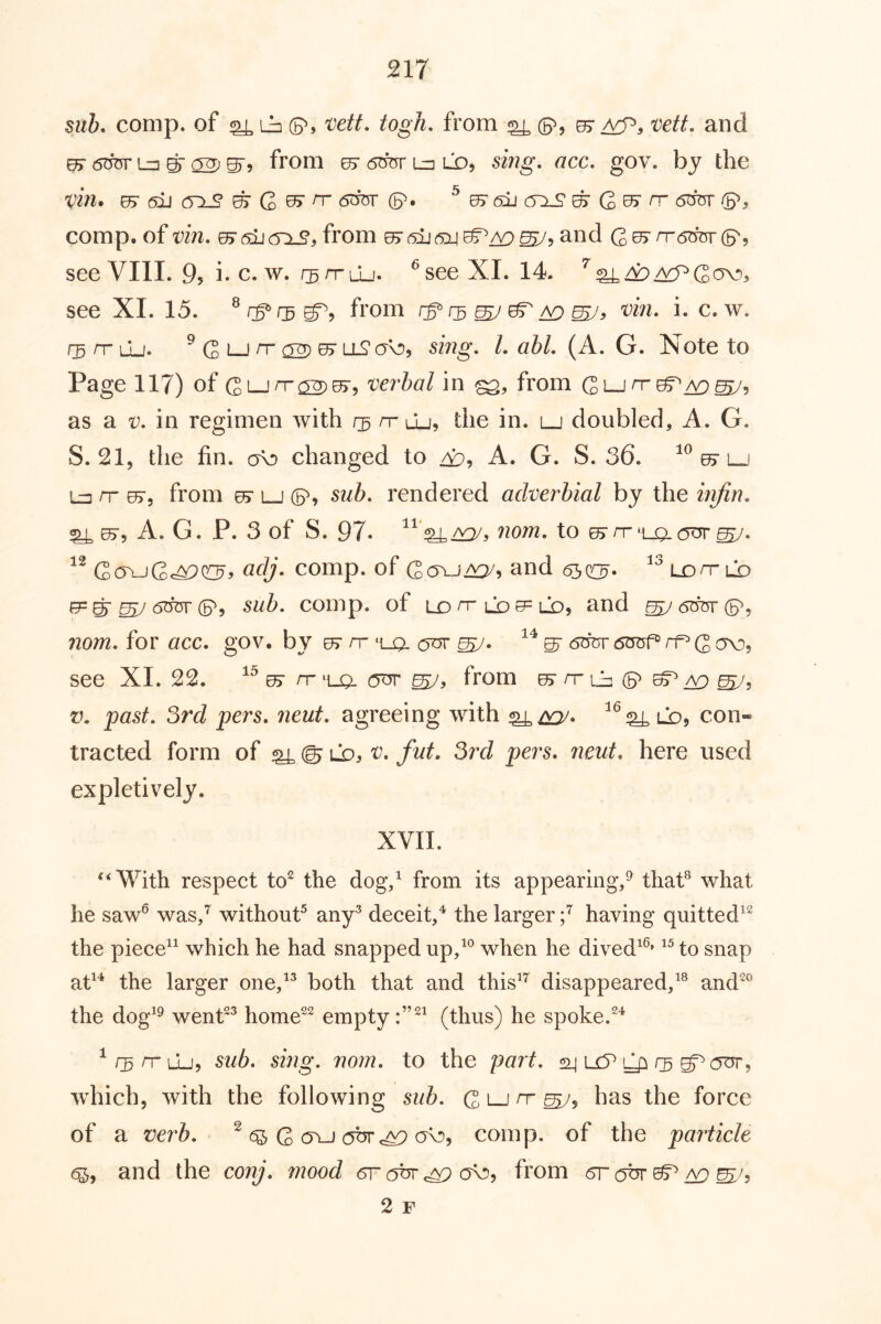 sub. comp, of vett. togh. from ^ (5^, 05- /VP, 'Vett. and ^ 6tfer from es* 6TOr Ln ld, smg. acc. gov. by the vin, ^ sLi c5^ ^ G ^ n- 6dur (p. ^ 05r 6ii ^ G rr 6tjcr /p, comp, of vin. from u^65j6i\^/:o^^ and G^ see VIII. 9? i. c. w. r^rriij. ^see XI. 14. see XI. 15. ® rg^ from ^ ^ ^ i- c. w. n5 rr ilj. ^ G lj rr ^ 0> ll^cjOj 5mg. 1. ahl. (A. G. Note to Page 117) of GLjrr^^, verbal in from GLjrr^^^, as a V. in regimen with rj, rr lU, the in. lj doubled, A. G. S. 21, the fin. changed to 49, A. G. S. 36. l^i Ln rr 075 from 07 lj (p, sub. rendered adverbial by the hvfin. ^ 07, A. G. P. 3 of S. 97. nom. to 07 rr ^uj. <jur G(T^G<^^> adj- comp, of Govjaq/, and 6h^- ldh-lq 0= ^ ^ drfer (p5 sub. comp, of ld n ld er tb, and ^ <5^ (P, nom. for acc. gov. by 07 n- 'uj. ^ 6^ <5m3f® rp G see XI. 22. ^ rr ‘lq. 557, from k- rr ub (p ^ ?:l pa.9^. 3rd pers. neut. agreeing with ^ aq/. ld, con- tracted form of ^ @ LDj t/’. fut. 3rd pers. neut. here used expletively. XVII. *‘With respect to^ the dog/ from its appearing/ that^ what he saw® was/ without^ any^ deceit/ the larger / having quitted^^ the piece^^ which he had snapped up/® when he dived^®* to snap ad^ the larger one/^ both that and this^’^ disappeared/® and^® the dog^^ went^® home^^ empty (thus) he spoke. ^r^rriij, sub. sing. nom. to the part. ^ uP y:i ePcfnr, which, with the following sub. G i—J ^ ^5 has the force of a verb. ^ G ovj obr^ ob, comp, of the particle 6^y and the conj. mood cr (jor ^ from (Srobr^^^/, 2 F