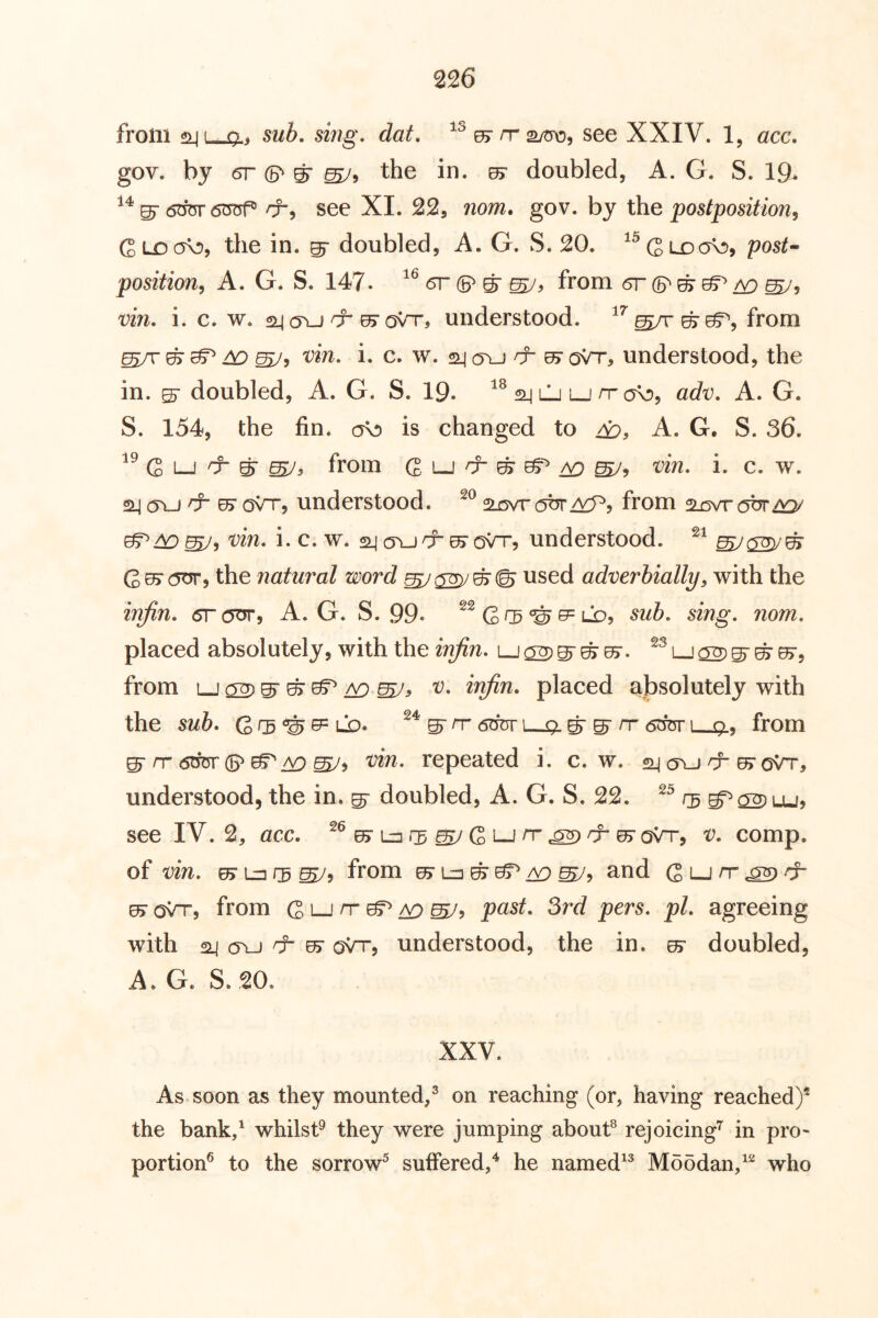from i-9.t suh, sing, dat, see XXIV. 1, acc. gov. by 6r (5^ ^ the in. uy doubled, A. G. S. 19* see XI. 22, nom, gov. by \he postposition^ Gldox!), the in. gr doubled, A. G. S. 20. ^^Gldon!), post- position^ A. G* S. 147. 6r (P g- from <5r (p ^ 05^ ^ vin, i. c. w. 24 (Tu cr ^ ovT, understood, from g/r ^ ^5 vin, i. c. w. 24 (tu & ^ oVr, understood, the in. S’ doubled, A. G. S. 19- ^ lj lj rr a\:), adv, A. G. S. 154, the fin. is changed to A. G. S. 36. G i—I 'T ^ Ws from G Lj cr s ^ vin, i. c. w. 24 <Tu ^ es- ov-T, understood. 2i5vr obr/vp, from slovtott^ ^^^5 vin, i.c. w. 24o\JcrsoVT, understood. G0> (5^5 the natural word used adverbially, with the infin, 6r(y^, A. G. S. 99. sing, nom, placed absolutely, with the infin, from ^ V, infin, placed absolutely with the sub, G rs LD. ^ n- 6m- l-q. s ^ n- (5OT l.9, from S n” 6W (p ^ repeated i. c. w. 24 (ju rr cjVt, understood, the in. s doubled, A. G. S. 22. see IV. 2, acc. 0? Ln ^ G i—1 ^ ^ ^ csVr, t’. comp, of vin, UyL=ir5 from ^ and G lj nr^/f 0> oVt, from G1—' ^ ^ ^ 3rd pers, pi, agreeing with 24 (Tu rf 0> oVr, understood, the in. s doubled, A. G. S. 20. XXV. As. soon as they mounted/ on reaching (or, having reached)® the bank,^ whilst^ they were jumping about^ rejoicing”^ in pro- portion^ to the sorrow^ suffered,he named^^ Mo5dan,^® who