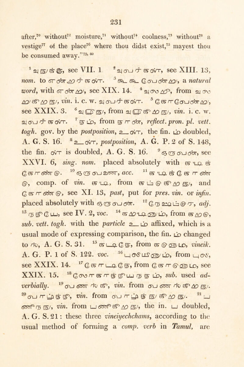 after/® without^*^ moisture/^ without’* coolness/^ withouP a vestige”^ of the place’® where thou didst exist/^ mayest thou be consumed away.”’^’^® ^ 24 ^ ^ S', see VII. 1 * 24(TLjcr^G^j see XIII. 13, nom, to (sr (5tjr cr ^ ovT. ^ dh-^ natural word^ v^\\h GT see XIX. 14. '^^24 0v»/^5 from su ov) dD i- c. w. a^cTU^^OvT. ^ G0> rrG(TU(5br.^5 see XXIX. 3. from 240?^^^^, un, i. c. w. 24 a\j & oVt. ^ LDj from ^ rr ot, reflect, pron, pL vett, togh, gov. by the postposition^ 2 C3vx, the fin. Co doubledj A. G. S. 16. -oVt, postposition^ A. G. P. 2 of S. 148, the fin. ovT is doubled, A. G. S. I6. ^ ^ qc5^ ov-j(^br? see XXVI. 6, sing. nom. placed absolutely with ^ ‘lq. ^ (2^n-6mjr (5^. 6h^ acc. 0>'ljq. ^ 6 ^<5m5r (5^, comp, of vin. u>^isx, from e^r ij (5^ 0?^^ ^5 and G ^/T (SHUT (5^, see XI. 13, past., put for pres. vin. ox infin. placed absolutely with ^cc^cru cdyr. Gf3 2iQih0^o-, adj. see IV. 2, t^oc. from sub. vett. togh. with the particle 2_ld affixed, which is a usual mode of expressing comparison, the fin. lo changed to A, G. S. 31. ^^^1 q-GS? from vineik. A. G. P. 1 of S. 122. voc. L_4 OSS’LIS ^ LO, from l^onS’, see XXIX. 14. Qux rr l—g. G S'j from G ^ 6 ^ ld, see XXIX. 15. ^®Gov)rr^rrg-g^Lu/5 g- lo, sub. used ad- verbially. dTOT vin. from a\j 6m' nv a\j n- ^ g- vin. from oyj rr ^ ^ ^ ^ lj GGd^r^mJ’i '^in.. from LJ66d^^^ the in. lj doubled, A. G. S.21: these three vineiyecJichamSj according to the usual method of forming a comp, verb in Tamul^ are