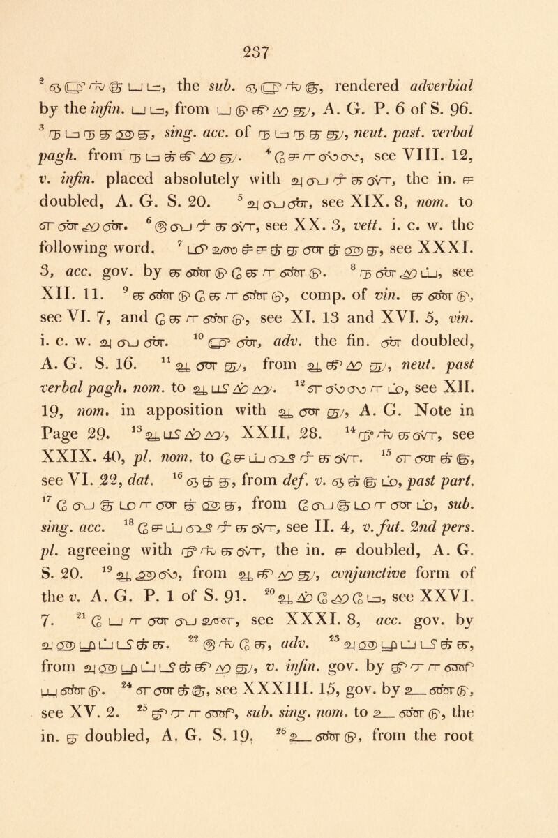 ^ 65 or /iv (gr LJ L^, the suh, 65 O' ^ ©5 rendered adverbial by the injin, lj Ln, from i_j ^ A. G. P. 6 of S. 96, ^ rs Li] 05 ^ 02) S', smg, acc, of Lm r3 ^ neut, past, ver^bal pagh, from r3 Ln ^ ^ ^ ^rr o\D(yv^j see VIII. 12, V, irifin, placed absolutely widi 51^ a\-J cr or ovt, the in. g= doubled, A. G. S. 20. ^s^orvjobr, see XIX. 8, nom, to ^ OTT ^oVt, see XX. 3, vett, i. c« w. the following word. ^ uP ^0= s' gr ^ 22) ST) see XXXI. 3, acc, gov. by or 6W (ET G es” rr 6iw (B^. ^ ^ obr ^ lLj, see XII. 11. ^ ^ 6^- (B^ C ^ (B^5 comp, of vin, 6^ (B^, see VI. 7) and C ^ <5^fer (B^, see XI. 13 and XVI. 5, vin, i. c. w. 24 (Tu obr. obr, adv, the fin. our doubled, A. G. S. 16. ^ C5^ from neut, past verbal pagh. nom, to ^uS^^5r<joav)rr lo, see XII. 19, nom. in apposition with ^ our A. G. Note in Page 29* A:> a^/, XXII, 28. see XXIX. 40, pi, nom, to G lIj (Ti^ & ur oVr. 6r (5or ^ (g^, see VI. 22, dat, 63 g s'? from def, v, ^ ld? past part, G cj\-J © LD n- (OUT g 22) ST, from G cru © ld /t (OT lo, sub, sing, acc, G ^ uj cns & or oVr, see II. 4, v, jut, 2nd pers, pi, agreeing with rf’/1v or oVr, the in. g= doubled, A. G. S. 20. 0^5, from conjunctwe form of the V, A. G. P. 1 of S. 91* Ar Gc^G L-n, see XXVI. 7. G LJ n” our (Tu see XXXI. 8, acc, gov. by 24 22)yiLli!-S'©^» ^^@^G^? <^^dv, SL|02)upLU from s4 02) uj u? © 05^ A9 ^5 V, injin, gov. by g^a~rr<5rR5r ijj6bcr(p. 5roTjr©©, see XXXIII. 15, gov. bv ? (sror (S', see XV. 2. ^rr rr sub, sing, nom, to 2 6^- (^, the in. S' doubled, A, G. S. 19. ^^2u-6bcr(p, from the root