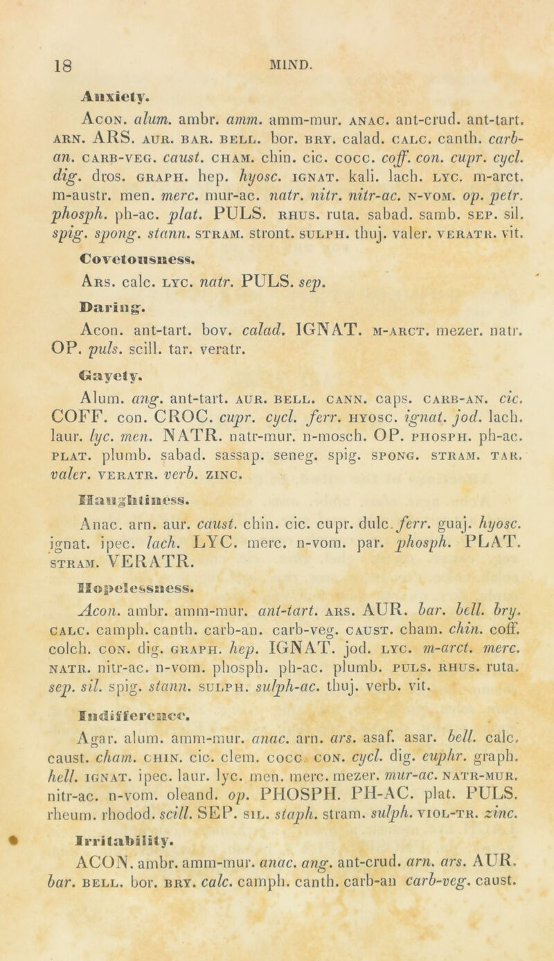 Aiixiety. Acon. alum. ambr. amm. amm-mur. anac. ant-crud. ant-lart. ARN. ARS. AUR. BAR. BELL. boi'. BRY. calad. CALC. canlli. carb- an. CARB-VEG. caust. cham. chin. clc. cocc. coff. con. cupr. cycl. dig. dios. GRAPH, hep. hyosc. ignat. kali. lach. lyc. m-arct. ra-austr. men. merc. nuir-ac. natr. nitr. nitr-ac. n-vom. op. petr. phosph. ph-ac. plat. PULS. rhus. ruia. sabad. samb. sep. sil. spig. spong. stann. stram. stront. sulph. ibuj. valer. veratu. vit. Co\ CtOllSBBeSS. Ars. calc. lyc. natr. PULS. sep. Daring:. Acon. ant-tart. bov. calad. IGNAT. m-arct. mezer. natr. OP. puls. scül. tar. veratr. GayeJy. Alum. ang. ant-tart. aur. bell. cann. caps. carb-an. cic. COFF. con. CROC. cupr. cycl. ferr. hyosc. ignat. jod. lach, laur. lyc. men. NATR. natr-mur. n-mosch. OP. phosph. ph-ac. PLAT. plmnb. sabad. sassap. seneg. spig. spong. stram. tau. valer. veratr. verh. zinc. Anac. arn. aur. caust. chin. cic. cupr. dulc.ye^T. guaj. hyosc. ignat. ipec. lach. LYC. merc. n-vom. par. phosph. PLAT. STRAM. VERATR. BIopele&ssBess. Acon. ambr. amm-mur. ant-tart. ars. AUR. har. hell. hry. CALC. camph.canth. carb-an. carb-veg. caust. cham. chin. coff. colch. CON. dig. GRAPH, hep. IGNAT. jod. lyc. m-arct. merc. natr. nitr-ac. n-vom. phosph. ph-ac. plumb. puls. rhus. ruta. sep. sil. spig. stann. sulph. sulph-ac. thuj. verb. vit. IjBdifferc2BC4*. A'^'ar. alum. amm-mur. anac. arn. ars. asaf. asar. bell, calc, caust. cham. chin. cic. dem. cocc. con. cycl. dig. euphr. graph. hell. IGNAT. ipec. laur. lyc. nien. merc. mezer. wzur-rtc. natr-mur. nitr-ac. n-vom. oleand. op. PHOSPH. PH-AC. plat. PULS, rheum. rhodod. scill. SEP. sil. staph. stram. sulph. viol-tr. zinc. lrrit:B,bilflty. ACON. ambr. amm-mur. anac. ang. ant-crud. arn. ai's. AUR. bar. BELL. bor. bry. calc. cainph. canth. carb-an carb-veg. caust.