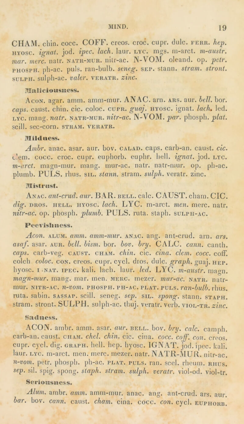 CHAM. cbln. cocc. COFF. creos. croc. cupr. dulc. ferr. hep. HYOsc. ignat. jod. ipec. lach. laur. lyc. mgs. m-arct. m-austr. mar, iiierc. natr. natr-mur. riilr-ac. N-VOM. oleand. op. petr. PHOSPii. ph-ac. ptds. ran-bulb. seneg. sep. stann. stram. stront. suLPH. sulph-ac. valer, veratr. zitic. rH;iIici«»i§JBCSs. Acon. ao'ar. amm. amm-mur. ANAC. arn. ars. aur. bell. bor. O ^ ^ caps. caust. ciiin, cic. coloc. cupr. guaj. hyosc. ignat. laclu led. LYC. mang. natr. natr-mur. nitr-ac. N-VOM. par. phospli. scill. sec-corn. stram. veratr. Mildiicss. Amhr. anac. asar. aur. bov. calad. caps. carb-an. caust. cic. Cem. cocc. croc. cupr. euphorb. eupbr. bell, ignat. jod. lyc. m-arct. magn-mur. mang, mur-ac. natr. natr-mur. op. pb-ac. plumb. PULS. rhus. sil. stann. stram. sulph. veratr. zinc. Anac. ant-crud. aur. BAR. bell. calc. CAUST. cham. CIC. dig. DROS. HELL. HYOSC. lach. LYC. m-arct. men. nierc. natr. nitr-ac. op. pbosph. plumb. PULS. ruta. slapb. sulph-ac. Poevisliiicss. Acon. ALUM. amm. amm-mur. anac. ang. ant-crud. arn. ars. asaf. asar. aur. bell. bism. bor. bov. bry. CALC. cann. cantb. caps. carb-veg. caust. cham. chin. cic. cina. dem. cocc. cofF. colch coloc. coN. creos. cupr. cycl. dros. dulc. graph. guaj. hep. byosc. I .NAT. iPEC. kali. lach. laur. led. LYC. m-austr. mao-n. magn-mur. mang. mar. men. merc. mezer. mur-ac. natr. natr- mur. NlTR-AC. n-vom. PHOSPH. PH-AC. PLAT. PULS. rlius. ruta. sabin. sassap. scill. seneg. sep. sil. spong. stann. staph. Stram. stront. SULPH. sulpb-ac. tbuj. veratr. verb. viol-tr. zinc. Sadiiess. ACON. arnbr. amm. asar. aur. bell. bov. bry. calc. camph. carb-an. caust. cham. diel. chin. cic. cina. cocc. coß\ con. creos. cupr. cycl. dig. graph. bell. hep. byosc. IGNAT. jod.ipec. kali. laur. LYC. m-arct. men. merc. mezer. natr. NATR-MUR. nitr-ac. n-vom. petr. pbosph. pb-ac. plat. puls. ran. scel. rbeum. rhus. sep. sil. spig. spong. staph. stram. sulph. veratr. viol-od. viol-tr. Sci’ioatsiBcss. Alum. ambr. amm. amm-mur. anac. ang. ant-crud. ars. aur. bar. bov. cann. caust. cham. cina. cocc. con. cycl. euphorb.