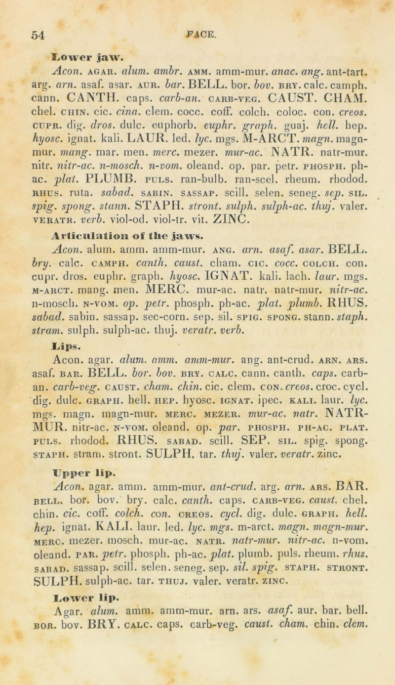 luOwer Jaw. Acon. AGAR. alum. ambr. amm. amm-mur. anac. ant-tart. arg. arn. asaf. asar. aur. iar. BELL. bor. bov. bry. calc. camph. cann. CANTH. caps. carb-an. carb-veg. CAUST. CHAM, chel. CHTN. cic. cina. dem. coco. coff. colch. coloc. con. creos. CUPR. dig. dros. dulc. euphorb. ewphr. graph. guaj. hell. hep. hyosc. Ignat. kall. LAUR. led. lyc. mgs. M-ARCT. magn- mur. mang. mar. men. merc. mezer. mur-ac. INATR. natr-mur. nitr. nitr-ac. n-mosch. n-vom. oleand. op. par. petr. phosph. pli- ac. plat. PLUMB. puls, ran-bulb. ran-scel. rheum. rhodod. rhüs. ruta. sabad. sabin. sassap. sclll. seien, seneg. sep. sil. spig. spong. staun. STAPH. stront. sulph. sulph-ac. thuj. valer. VERATR. Verb, viol-od. viol-tr. vit. ZINC. ArticulaUoii of tlic jaws. Acon. alum. amm. amm-mur. ang. arn. asaf. asar. BELL. bry. calc. camph. canth. caust. cbam. cic. cocc. colch. con. cupr. dros. eupbr. graph. hyosc. IGNAT. kali. lach. laur. mgs. M-ARCT. mang. men. MERC. mur-ac. natr. natr-mur. nitr-ac. n-mosch. n-vom. op. petr. phosph. ph-ac. plat. plurnb. RHUS. sabad. sabin. sassap. sec-corn. sep. sil. spig. spong. stann. stopÄ. stram. sulph. sulph-ac. thuj. veratr. verb. Liips. Acon. agar. alum. amm. amm-mur. ang. ant-crud. arn. ars. asaf. bar. BELL. bor. bov. bry. calc. cann. canth. caps. carb- an. carb-veg. caust. cham. chin.cxc. dem. con. creos. croc. cycl. dig. dulc. GRAPH, hell. hep. hyosc. ignat. ipec. kalt. laur. lyc. mgs. magn. magn-mur. merc. mezer. mur-ac. natr. NATR- MUR. nitr-ac. n-vom. oleand. op. par. phosph. ph-ac. plat. puls, rhodod. RHUS. sabad. scill. SEP. sil. spig. spong. STAPH. stram. stront. SULPH. tar. thuj. valer. veratr. zinc. Upper lip. Acon. agar. amm. amm-mur. ant-crud. arg. arn. ars. BAR. bell. bor. bov. bry. calc. canth. caps. carb-veg. caust. chel. chin. cic. coff. colch. con. creos. cycl. dig. dulc. graph. hell, hep. ignat. KALI. laur. led. lyc. mgs. m-arct. magn. magn-mur. merc. mezer. mosch, mur-ac. natr. natr-mur. nitr-ac. n-vom. oleand. vfCK. pttr. phosph. y>\\-Vlc. plat. plumb. puls, rheum. rhus. SABAD. sassap. scill. seien, seneg. sep. sil. spig. staph. stront. SULPH. sulph-ac. tar. thuj. valer. veratr. zinc. Uowcr lip. Agar. alum. amm. amm-mur. arn. ars. asaf. aur. bar. bell. BOR. bov. BRY. calc. caps. carb-veg. caust. cham. chin. dem.