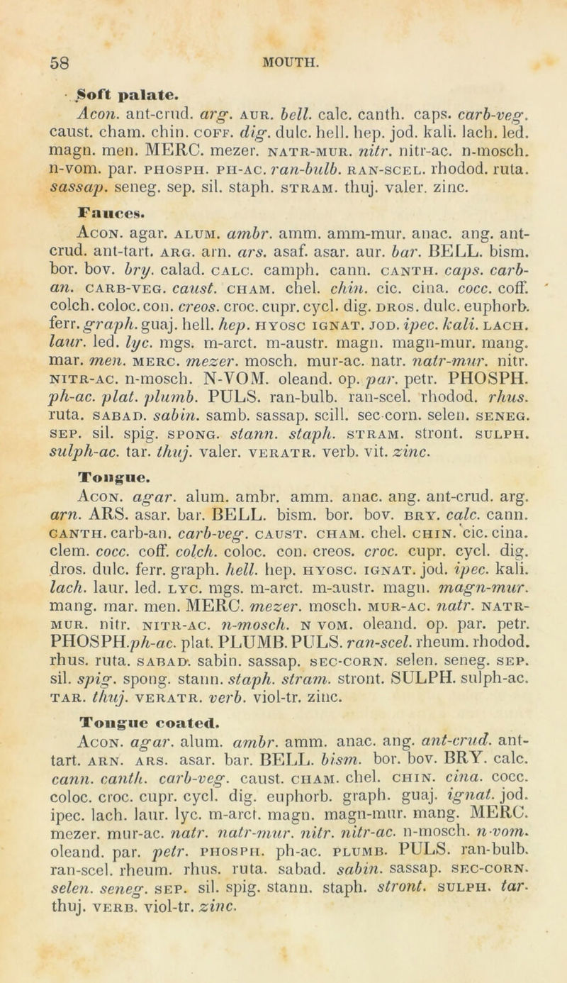 Soft palate. Acon. ant-crud. arg. aur. hell. calc. cantli. caps. carh-veg. caust. charn. chin. coff. dig. dulc. hell. hep. jod. kali. lacli. led. magn. men. MERC. mezer. natr-mur. nitr. nitr-ac. n-mosch. n-vom. par. phosph. vii-ac. ran-bulb. ran-scel. rhodod. ruta. sassap. seneg. sep. sil. staph. stram. thuj. valer. zinc. Faiices. Acon. agar. alum. ambr. amm. amm-miir. anac. ang. ant- crud. ant-tart. arg. arn. ars. asaf. asar. aur. bar. BELL. bism. bor. bov. bry. calad. calc. camph. cann. canth. caps. carb- an. CARB-VEG. caust. cham. chel. chin. cic. cina. cocc. cofF. colch. coloc. con. creos. croc. cupr. cycl. dig. dros. dulc. euphorb. iexx. graph. guaj. hell. hep. hyosc ignat. jod. ipec. kali. lach. laur. led. lyc. mgs. m-arct. m-austr. magn. magn-mur. mang, mar. men. merc. mezer. mosch, mur-ac. natr. natr-mur. nitr. NITR-AC. ri-mosch. N-VOM. oleand. op. par. petr. PHOSPH. ph-ac. plat. plumb. PULS, ran-bulb. ran-scel. rhodod. rhus. ruta. SABAD. sabin. samb. sassap. scill. sec corn. seien, seneg. SEP. sil. spig. spong. siann. staph. stram. stront. sulph. sulph-ac. tar. thuj. valer. veratr. verb. vit. zinc. Toiii^uc. Acon. agar. alum. ambr. amm. anac. ang. ant-crud. arg. arn. ARS. asar. bar. BELL. bism. bor. bov. bry. calc. cann. CANTH. carb-an. carb-veg. caust. cham. chel. chin. cic. cina. eiern, cocc. coff. colch. coloc. con. creos. croc. cupr. cycl. dig. dros. dulc. ferr. graph. hell. hep. hyosc. ignat. jod. ipec. kali. lach. laur. led. lyc. mgs. m-arct. m-austr. magn. magn-mur. mang. mar. men. MERC. mezer. mosch, mur-ac. natr. natr- mur. nitr. NITR-AC. n-mosch. n vom. oleand. op. par. peti'. PHOSPH./?/i-ac. plat. PLUMB. PULS, ran-scel. rheum. rhodod. rhus. ruta. sabad. sahin. sassap. sec-corn. seien, seneg. sep. sil. spig. spong. staun, staph. stram. stront. SULPH. sulph-ac. tar. thuj. VERATR. vei'b. viol-tr. zinc. Toiigne coated. Acon. agar. alum. ambr. amm. anac. ang. ant-crud. ant- tart. ARN. ARS. asar. bar. BELL. bism. bor. bov. BRY. calc. cann. canth. carb-veg. caust. cham. chel. chin. cina. cocc. coloc. croc. cupr. cycl. dig. euphorb. graph. guaj. ignat. jod. ipec. lach. laur. lyc. m-ai-ct. magn. magn-mur. mang. MERC. mezer. mur-ac. natr. natr-mur. nitr. nitr-ac. n-mosch. n vom. oleand. par. petr. phosph. ph-ac. plumb. PULS, ran-bulb. ran-scel. rheum. rhus. ruta. sabad. sabin. sassap. sec-corn. seien, seneg. sep. sil. spig. stann. staph. stront. sulph. tar^ thuj. VERB, viol-tr. zinc.