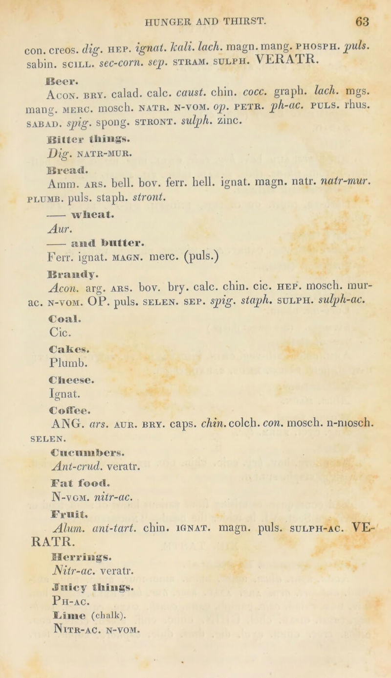 con. creos. dig. iiep. ignat. Icali. lach, magn.mang. phosph. ])uls. sabin. sciLL. s6C~cotu. scjj. stram. sulph. 15c‘C‘r. Acon. bry. calad. calc. caust. chin. cocc. grapli. mang. merc. mosch, natr. n-vom. ojp. petr. ph-ac. SABAI). Sj)ig. spong. STRONT. zlnc. lach. mgs. PULS. rhus. ÜSittei' tliiiigs. Vig. NATR-MÜR. iSread. Amm. ARS. bell. bov. ferr. hell, ignat. magn. natr. nair-mur. PLUMB. puls, staph. stront. wlicat. Aur. and t>iitter. Ferr. ignat. magn. merc. (puls.) ISraiidy. Acon. arg. ars. bov. bry. calc. chin. cic. hep. mosch, mur- ac. N-VOM. OP. puls. SELEN. SEP. Sjpig. Siajjfl, SULPH. suljjh-ac. Coal. Cic. Cakes. Plumb. CBiecse. Ignat. Coffee. ANG. ars. aur. bry. caps. chin. co\c\i. con. mosch, n-niosch. SELEN. Cueiiiiikcrs. Ant-crud. veratr. Fat food. N-vgm. niir-ac. Fruit, Ahm. ani-tart. chin. ignat. magn. puls, sulph-ac. VE- RATR. Ilerriiigs. JSitr -ac. veratr. .fuiey tliiiiji^s. Pn-AC. Cime (chalk). Nitr-ac. n-vom.