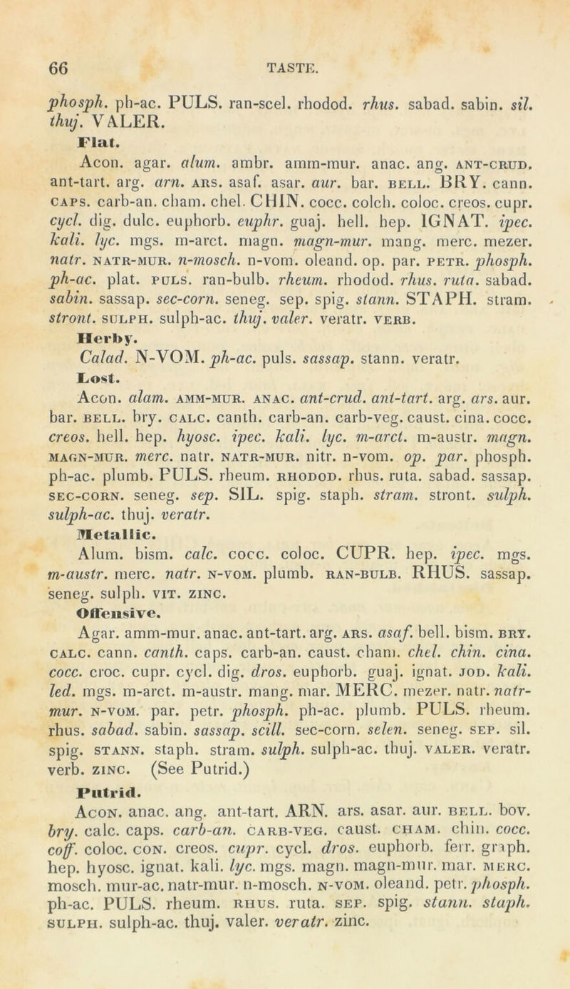 phosph. ph-ac. PULS, ran-scel. rhodod. rhus. sabad. sabin. sil. thuj. VALER. Flat. Acon. agar. alum. ambr. amm-mur. anac. ang. ant-crud. ant-tart. arg. arn. aus. asaf. asar. aur. bar. bell. BRY. cann. CAPS, carb-an. cliam. cbel. CHiN. cocc. colcb. coloc. creos. cupr. cycL dig. dulc. euphorb. euphr. guaj. hell. hep. IGNAT. ipec. kali. lyc. mgs. m-arct. nmgn. magn-mur. mang. merc. mezer. natr. natr-mur. n-mosch. n-vom. oleand. op. par. petr. phosph. ph-ac. plat. PULS, ran-bulb. rheum. rhodod. rhus. ruto. sabad. sahin. sassap. sec-corn. seneg. sep. spig. staun. STA PH. siram. stront. suLPH. sulph-ac. thuj. valer. veratr. verb. Herby. Calad. N-VOM. puls, sassap. stann. veralr. Liost. Acon. alam. amm-iviur. anac. ant-crud. ant-tart. arg. ars. aur. bar. bell. bry. calc. canlh. carb-an. carb-veg. caust. cina.cocc. creos. hell. hep. hyosc. ipec. kalt. lyc. m-arct. m-auslr. magn. MAGN-MüR. merc. natr. natr-mur. nitr. n-vom. op. par. phosph. ph-ac. plumb. PULS, rheum. rhodod. rhus. ruta. sabad. sassap. SEC-coRN. seneg. sep. SIL. spig. staph. stram. stront. sulph. sulph-ac. thuj. veratr. Mctallic. Alum. bism. calc. cocc. coloc. CUPR. hep. ipec. mgs. m-austr. merc. natr. n-vom. plumb. ran-bulb. RHUS. sassap. seneg. sulph. vit. zinc. Offensive. Agar, amm-mur. anac. ant-tart. arg. ars. asaf. bell. bism. bry. CALC. cann. canth. caps. carb-an. caust. cham. chel. chin. cina. cocc. croc. cupr. cycl. dig. dros. euphorb. guaj. ignat. jod. kali. led. mgs. m-arct. m-austr. mang. mar. MERC. mezer. natr. natr- mur. N-VOM. par. petr. phosph. ph-ac. plumb. PULS, rheum. rhus. sabad. sabin. sassap. scill. sec-corn. seien, seneg. sep. sil. spig. STANN. staph. stram. sulph. sulph-ac. thuj. valer. veratr. verb. ZINC. (See Putrid.) Putrid. Acon. anac. ang. ant-tart. ARN. ars. asar. aur. bell. bov. hry. calc. caps. carb-an. carb-veg. caust. cham. chin. cocc. cof. coloc. coN. creos. cupr. cycl. dros. euphorb. ferr. graph. hep. hyosc. ignat. kali. lyc. mgs. magn. magn-mur. mar. merc. mosch, mur-ac. natr-mur. n-mosch. n-vom. oleand. pcw. phosph. ph-ac. PULS, rheum. rhus. ruta. sep. spig. stann. staph. SULPH. sulph-ac. thuj. valer. veratr. zinc.