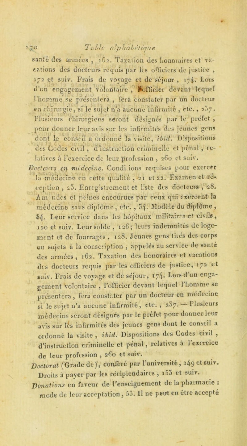 santé des armées , iGa. Taxation des honoiuires et va- cations des docteurs requis par ks officiers de justice , 172 et suiv. Frais de voyage et de séjour , 1^4. Tors d’un engagement volontaire , ^officier devant lequel l'homme se présentera , fera constater par un docteur en chirurgie, si le sujet n’a aucune infirmité , etc., 2.07. Plusieurs chirurgiens seront désignés par le préfet , pour donner leur avis sur les infirmités des jeunes gens dont le conseil a ordonné la visite, Ibid. Dispositions des Godes civil , d’instruction criminelle et pénal , re- latives à l’exercice de leur profession , 260 et suiv. Bodciirs en médecine. Condi.ions requises pour exercer la médecine ch cette qualité ,-21 et 22. Examen et ré- ception , ï3. Enregistrement et liste des docteurs , 28. Amendes cl peines encourues par ceux qui exercent la médecine sans diplôme , etc. , 3|. Modèle du diplôme , §4- Leur service dans les hôpitaux militaires et civils, 120 et suiv. Leur solde ,126; leurs indemnités de loge- ment et de fourrages , 128. Jeunes gens tirés des corps ou sujets à la conscription , appelés au service de santé des armées , 1G2. Taxation des honoraires et vacations des docteurs requis par les officiers de justice, 172 et suiv. Frais de voyage et de séjour, 174* Lors d’un enga- gement volontaire , l’officier devant lequel 1 homme se présentera , fera constater par un docteur en médecine si le sujet n’a aucune infirmité, etc. s 207. Plusieurs médecins seront désignes par le préfet pour donner leur avis sur 1is infirmités des jeunes gens dont le conseil a ordonné la visite , ibid. Dispositions des Codes civil , d’instruction criminelle et pénal, relatives à 1 exercice de leur profession , 2G0 et suiv. Doctorat (Grade de)', conféré par l’université, x49 el 6uiv- Droits 5 payer par les récipiendaires , i55 et suiv. Donations en faveur de l’enseignement de la pharmacie : mode de leur acceptation, 53. Il ne peut en être accepté