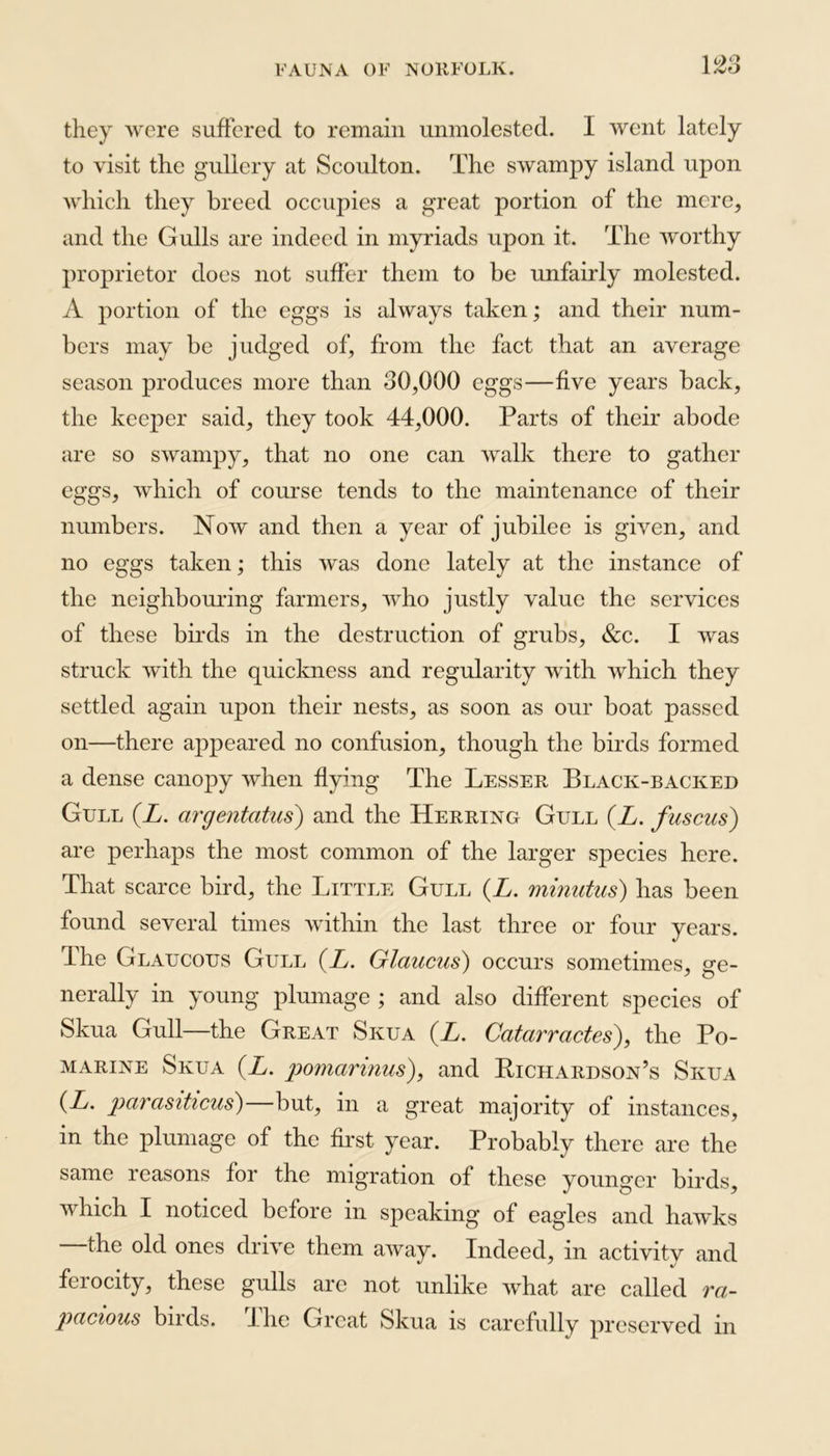 they were suffered to remain unmolested. I went lately to visit the gullery at Scoulton. The swampy island upon which they breed occupies a great portion of the mere, and the Gulls are indeed in myriads upon it. The worthy proprietor does not suffer them to be unfairly molested. A portion of the eggs is always taken; and their num- bers may be judged of, from the fact that an average season produces more than 30,000 eggs—five years back, the keeper said, they took 44,000. Parts of their abode are so swampy, that no one can walk there to gather eggs, which of course tends to the maintenance of their numbers. Now and then a year of jubilee is given, and no eggs taken; this was done lately at the instance of the neighbouring farmers, who justly value the services of these birds in the destruction of grubs, &c. I was struck with the quickness and regularity with which they settled again upon their nests, as soon as our boat passed on—there appeared no confusion, though the birds formed a dense canopy when flying The Lesser Black-backed Gull (.Z. argentatus) and the Herring Gull (Z. fuscus) are perhaps the most common of the larger species here. That scarce bird, the Little Gull (Z. minutus) has been found several times within the last three or four years. The Glaucous Gull (Z. Glaucus) occurs sometimes, ge- nerally in young plumage ; and also different species of Skua Gull—the Great Skua (Z. Catarractes), the Po- marine Skua (Z. pomarinus), and Richardson’s Skua (Z. parasiticus)—but, in a great majority of instances, in the plumage of the first year. Probably there are the same reasons for the migration of these younger birds, which I noticed before in speaking of eagles and hawks the old ones drive them away. Indeed, in activity and ferocity, these gulls are not unlike what are called ra- pacious birds. The Great Skua is carefully preserved in