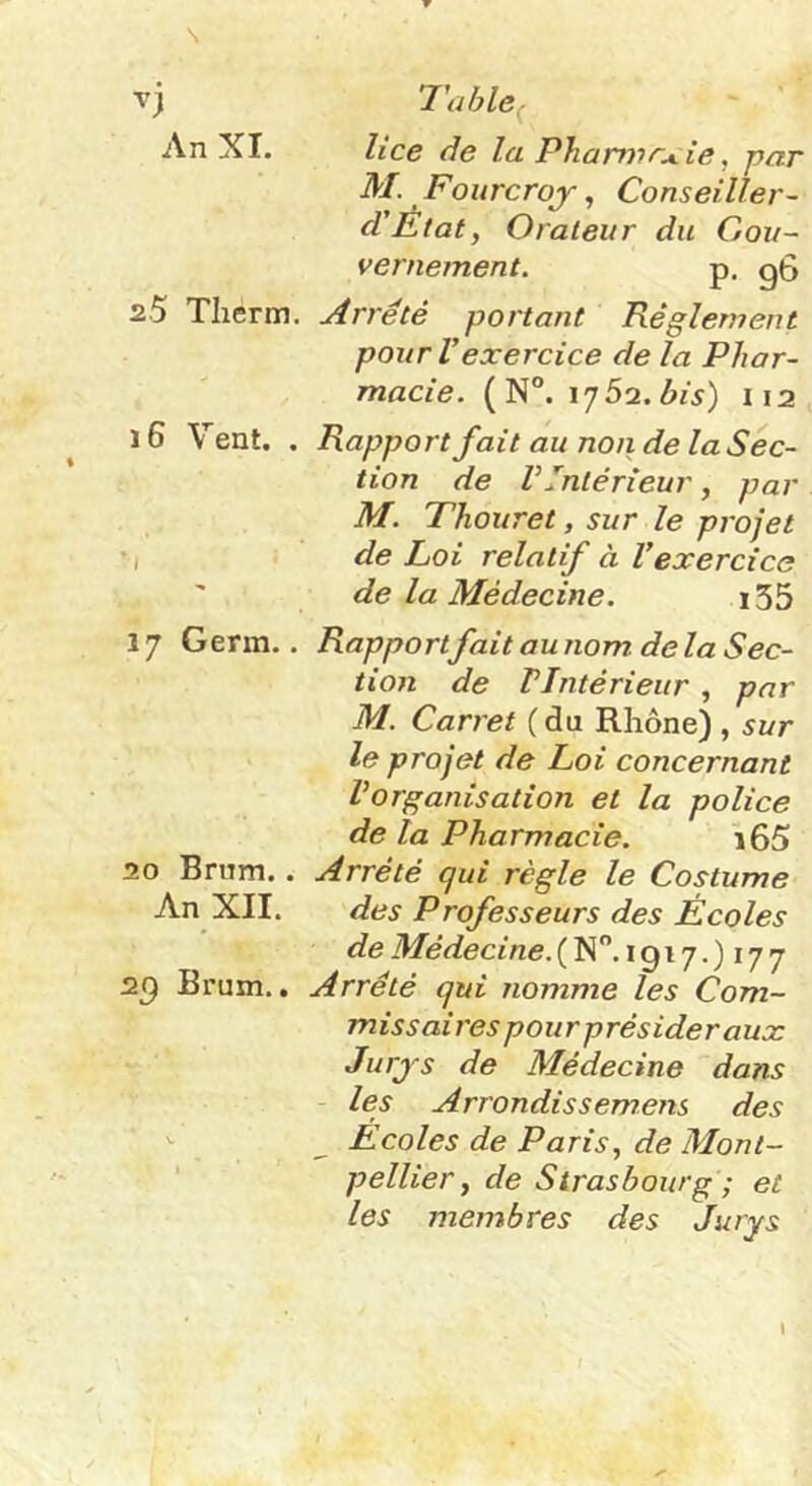 An XL 2.5 Tlierm. 16 Vent. . 17 Germ.. 20 Brnm.. An XII. 2^ Brum.. 7'ahle^ lice de la Phamir^ie, par M. Fourcroj, Conseiller- d'État, Orateur du Gou- vernement. p, g6 Arrêté portant Réglement pour l’exercice de la Phar- macie. (N°. ij5-2. bis) 112 Rapport fait au non de la Sec- tion de rIntérieur, par M. Thouret, sur le projet de Loi relatif à l’exercice de la Médecine. i35 Rapport fait au nom. de la Sec- tioji de VIntérieur, par M. Carret ( du Rhône) , sur le projet de Loi concernant Vorganisation et la police de la Pharmacie. i65 Arrêté qui règle le Costume des Professeurs des Écoles de Médecine. (N.i9i7.)i77 Arrêté qui nomme les Com- missaires pour présider aux Jurjs de Médecine dans les Arrondis s emens des Ecoles de Paris, de Mont- pellier, de Strasbourg ; et les membres des Jurys I