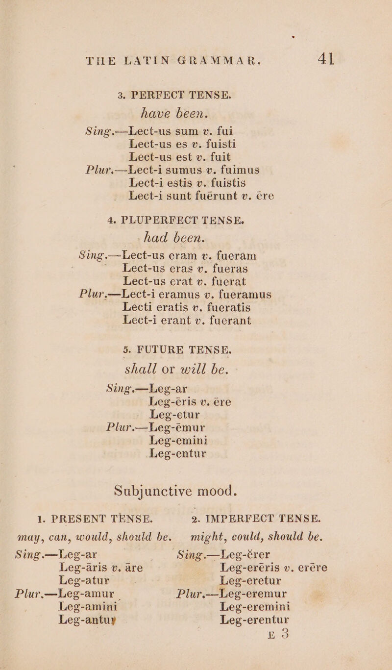3. PERFECT TENSE. have been. Sing.—Lect-us sum v. fui Lect-us es v. fuisti Lect-us est v. fuit Plur.—Lect-i sumus v. fuimus Lect-i estis v. fuistis Lect-i sunt fuerunt v. ere 4. PLUPERFECT TENSE. had been. Sing.—Lect-us eram v. fueram Lect-us eras v. fueras Lect-us erat v. fuerat Plur.—Lect-i eramus v. fueramus Lecti eratis v. fueratis Lect-i erant v. fuerant 5. FUTURE TENSE. shall ox will be. Sing.—Leg-ar Leg-eris v. ere Leg-etur Plur.—Leg-emur Leg-emini Leg-entur Subjunctive mood. 1. PRESENT TENSE. 2. IMPERFECT TENSE. may, can, would, should be. might, could, should be. Sing .—Leg-ar Sing.—Leg-érer Leg-aris v. are Leg-eréris v. erere Leg-atur Leg-eretur Plur.—Leg-amur | Plur.-—Leg-eremur Leg-amini Leg-eremini Leg-antuy | Leg-erentur 9 EO