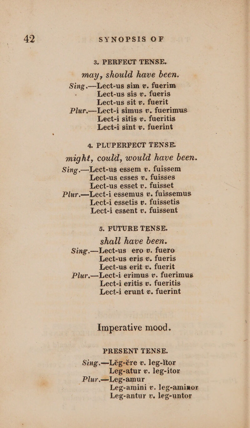 3, PERFECT TENSE. may, should have been. Sing.—Lect-us sim v. fuerim Lect-us sis v. fueris Lect-us sit v. fuerit Plur.—Lect-i simus v. fuerimus Lect-i sitis v. fueritis . Lect-i sint v. fuerint 4. PLUPERFECT TENSE. might, could, would have been. Sing.—Lect-us essem v. fuissem Lect-us esses v. fuisses Lect-us esset v. fuisset Plur.—Lect-i essemus v. fuissemus Lect-i essetis v. fuissetis Lect-i essent v. fuissent 5. FUTURE TENSE. shall have been. Sing.—Lect-us ero v. fuero Lect-us eris v. fueris Lect-us erit v. fuerit Plur.—Lect-i erimus v. fuerimus Lect-i eritis v. fueritis Lect-i erunt c. fuerint Imperative mood. PRESENT TENSE. Sing.—Lég-ére v. leg-itor Leg-atur v. leg-itor Plur.—Leg-amur Leg-amini v. leg-aminor Leg-antur v. leg-untor