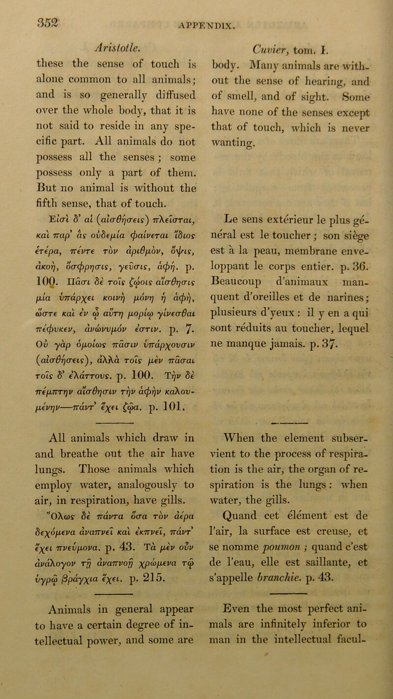 Aristotle. these the sense of touch is alone common to all animals; and is so generally diffused over the whole body, that it is not said to reside in any spe- cific part. All animals do not possess all the senses; some possess only a part of them. But no animal is without the fifth sense, that of touch. EiV'i S’ ai (alaOrja-eis) nXeiarai, kcu nap’ as ovhep'ia (fiaiverai tSio? erepa, 7Tevre rov apiGpov, o\jsis, ukot], oacfrprjcTis, yevens, a(j)r]. p. 100. Ilacri 8e rot? £cools a’ladijo-LS pla vndp^ec Koivrj povrj rj ck^t), Sare K.ai iv co avTrj pop [a ylvecrOai ne(f)VKev, avcovvpov iuTLV. p. 7* Ov yap opo'uos naaiv VTTapxovcnv (alcrdr)o-eis'), aXXa tols pev naaai rots S’ e’Xdrrovs. p. 100. Tr)v 8e nepnTT^v a’lcrdrjCTLv ttjv a(f)r]v koXov- pevrjv irdvr e%ei £«a. p. 101. All animals which draw in and breathe out the air have lungs. Those animals which employ water, analogously to air, in respiration, have gills. OXcu? 8e iravra ocra tov aepa 8exopeva avairvei kat eK-nvei, Travr e\ei 7rvevpova. p. 43. Ta pev ovv avdXoyov rfj avanvorj xpwpeva ra> vypeo fipayxia e^ei. p. 215. Animals in general appear to have a certain degree of in- tellectual power, and some are Cuvier, tom. I. body. Many animals are with- out the sense of hearing, and of smell, and of sight. Some have none of the senses except that of touch, which is never wanting. Le sens exterieur le plus ge- neral est le toucher; son si&ge est a la peau, membrane enve- loppant le corps entier. p. 36. Beaucoup d’animaux man- quent d’oreilles et de narines; plusieurs d’yeux : il y en a qui sont reduits au toucher, lequel ne manque jamais, p. 37- When the element subser- vient to the process of respira- tion is the air, the organ of re- spiration is the lungs: when water, the gills. Quand cet element est de l’air, la surface est creuse, et se nomme poumon ; quand e’est de l’eau, elle est saillante, et s’appelle brancliie. p. 43. Even the most perfect ani- mals are infinitely inferior to man in the intellectual facul-