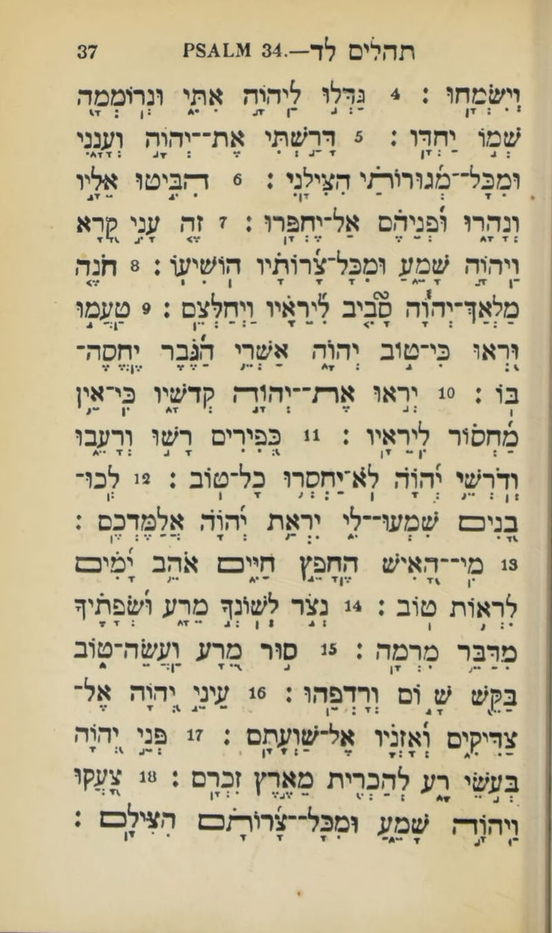 תהלי□ לד—.34 37 וישמחו : 4 גדלו ליהיה אתי ונרויממה ז • ; ז! ־ ! *• ־1״. • :( : ז\ שמו יחדו : 5 דרשתי את־־יהיה וענני : ^ ■ : יין י ^ 1 • זו : ; 1?■*• ומכל־־מגורויותי הצילני ; 6 ד־זביטו אליו • x ; ־ • • דן• • •4 - ונהרו ופניהם אל־יחפרו : ז זה עני קרא ; ז־ ▼^4 : ״• יד • ״.״ : ▼1 ?ר> ▼ ▼ ויה׳וה שמע ומכל־צרותיו הושיעו: 8 חנה •ן יי׳- ■ך -י/ - • x ▼ ▼ ן • • יד> מלאך־יהוה סביב ליראיו ויחלצם : 9 טעמו - :־ י ; ▼ ▼ •> • - ▼ ־: ־ ; ״ו ־1;־ 4 וראו כי־טוב יהוד• אשרי הגבר יחסה- !: ^ - יד •ד ידן;יד יד בו : 0! יראו אות־־יהוד־*• קדשיו כי־אין מחסור ליראיו : !! כפירים רשו ורעבו ־ ! ■ן ־• יו • • 4 x : ז -4 ודרשי יה1ה ל^־יחסרו כל־טוב : 12 לבו- ז ן: -4 י 1 ־ : : ז י 1 :1 בניכם שמעו-לי יראת יחוד, אלמדכם : 3! מי-הא'ש החפץ חייכם אחב ימיכם •! \x • •.•ן4- xי -•4 ••4 X • לראות טוב : 4! נצר לשונך מרע ושפתיך 4 ; 1 1 מדבר מרמה : צ! סור מרע ועשה-טוב . • : X 4 |X •ן:־ - * בקש ש 1ם ורדפהו: 6! עיני ידוה אל- צדיקים ואזניו אל-שועתם : ז! פני יהוד• -••'4 :XX^- - x:X|• י בעשי רע לד׳כרית מארץ זכרם : 8! צעקו ויהויר־־, •צמע ומכל־־צריתס הץילכש :