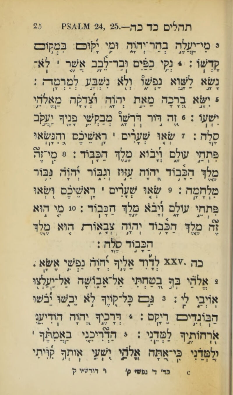 25 תהלים כל כה—.26 ,24 ג מי־י;1לה בהר׳יהוה ומי ירווכש־ במק־וכם ־);־ : ־ זי* •1 x י • : 1' קדשו: 4 נקי כפים ובר־לבב אשר י לא- נשא לשוא נפשו ול^ נשבע למרמד־•״ : י ^ ״ י^: ׳■ 1 •* ז 1 • : ־1. : • : ▼1 • יע^א ברכה מאת יהוה וצדקה מאלהי ישעו : 6 זה דור דרשו מבקשי פניך יעקב סלה: ז שאו שערים י ראשיכם והנשאו י|י : > : י • יו ״ ••־ .י: • יו ; פתחי עולם ויבוא מלך הכבוד: 8 מי־זה • י^. זי -יו •ן /• מלך הכבוד יהוד. עזוז וגב1ר יהוד. נברר מלחמה: 9 שאו שערים • ראשיכם ושאו •זי ין :> זי• ין - י■ \ : פתחי עולם ויב^ מלך הכבוד :0! מי הוא • : -* י* זי •••גזי ־ ז■ 1 •> * זד. מלך הכבוד יהוד. צבאוות הוא מלך הכבוד סלה: ׳ • ^ •דן▼ כה .▼xx לדוד אליך יהוד. נפשי א^א; ; י • - י#* זי ־: •# ■י יו 3 אלד.י בך בטחתי אל־אבושה אל־יעלצו אויבי לי; 3 גס כל־קויך לא יבשר יבשו הבוגדים ריקם ; 4 דרכיך יהוד. הודיעג אךח1תיך למדני : ל הדריכני באמתך י ילטדני כי־אתה א*י אות^ ?ויתי 0 כד׳ ד׳ נפ^י ק• י יורשיו ק׳
