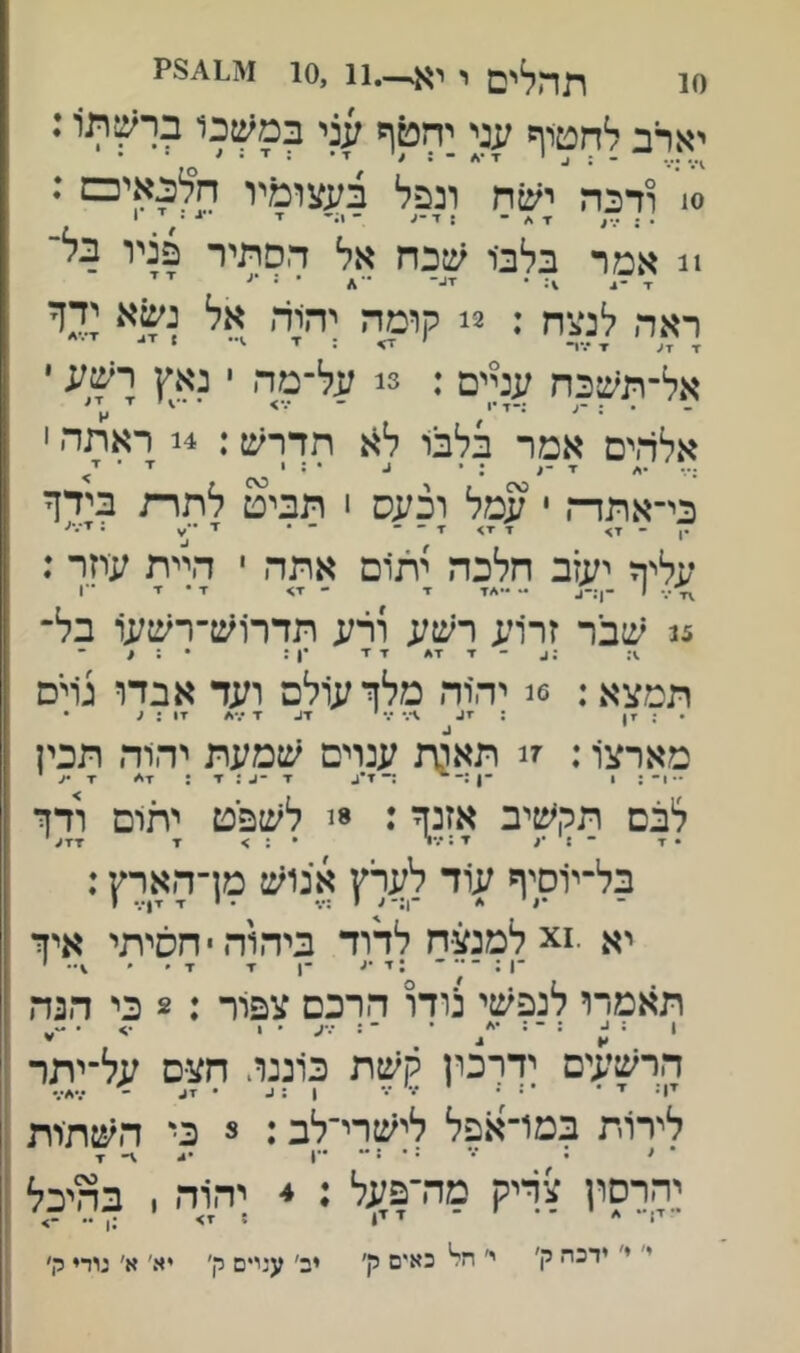 10 תהלים ר רא.--.11 ,10 יארב לחטוף עני יהטף ^ני במ^:מ ברשתו: ^ י x ז• * ; יד • / * • 0! ודכה ישח ונפל בעצומיו ח״לבאיכמ : •;•••/ ז• * ־ : י־ע ־ 1;' יי • י !! אמר בלב־י שכח אל הסתיר פניו בל־ ז • xג- • : •ע ■י'■ ראה לנעח : 2! קומה יהייה אל ז ז, ^ ׳ י> : ז• •י : ז•■ אל־תשכח עניים : 3! על־מד׳ י ?אץ י - ^ . זי * ^ אלהים אמר בלבו לא תררש: 4! ראתה י ;•• •י/ ▼ ^ • : 1 ז■ ■ י כי-אתד־י, • עמל וכעס 1 תביט לתרת בירך .ן - x> ז x ־ - ־ • יי ג ■•■■•■׳■ ;;ליך יעזב חלכה יתום אתה י היית עוזר : 1 -ן:-צ ״ ••*x • X <X - X X ■יו 5! שבר זרוע רשע ורע תרר1ש־רשעו בל- .): :^ - x x *x x •ן: • : < תמצא: 6! יהוה מלך עולם ועד אברו גויס • * יי! : •\ י דב ־ד ״.*</ ■ין : ^ • מארצו: ז! תאנת ענוים שמעת יהוד. תכין לבם תקשיב אזנך: 8! לשפיט יתום ודך בל־יוסיף עוד לערץ אנוש מן־הארץ: יא .^x למנצח לדוד ביד.וד. •חסיתי איך -ן: :ד •ג ־1 x x < ׳ י תאמרו לנפשי נודו הרכס צפור : 2 כי הגה ן : ג : - : •1/ • ־ : •••ע • 1 הרשעים יךרכון קשת בוננו, חצם על־יתר יו• י ■ * • י 1 5>• • יע - ליררת במו־אפל ל;יםךי־לב: י כי האתיות יהרסון ציזייק מה־פ,על : ^ יהוה , כהיכל י1 * י ין ! ;1 •• -> י׳ י׳ ידכה ק׳ י׳ כאים ק׳ יב׳ עניים ק׳ יא׳ א' גורי ק׳