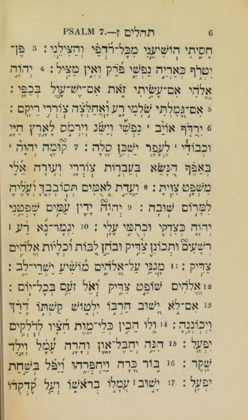 6 תהלים ז—.7 הסיתי הושיעני מכל־רדפי והצילני: 3 פן־ ז •* . , - < 1 ; ־ : ־ • 1• יטרף כאריה נפשי פרק ואין מציל: 4 ןהוה אלהי אם־עשיתי זאת אם־יש־עול בכפי: ^;״ - • ז ^ • ••• ▼7.- ; - זו צ אם־גמלתי שלמי רע ואהלצה צוררי ריקם : 6 ירדף אויב י נפשי ויש נ וירמס לארץ חיי •ו־>' •* :••• :•:ג ▼ ־דג•.* י - וכבודי י לעפר ישכן סלה : 7 קומה יהוד! • : • •••ן זז.* - •.•1 ז י ז> : ▼ באפה הנשא בעברות צוררי ועורה אלי :״־•.•• 1• ז•• ; ״• : ג ן : 1 1 ד •• - משפט צוית;8 ועדת לאמים תסובבך ועליה • : * •| ז־ ־1:־־. \ • : ן ; •••. ז ; ז ז- למרום שובה : 9 יהוד, ידין עמים שפטני ירוה כצדקי וכתמי;[לי : 0נ ינמר־נא רע 1 : ז* ; \ ז זן • ; ז ז רשעים ותכ1נן צדיק ובחן לבות וכליות אלהים : ▼ • : •י^ ״־• •/ י •״גי • ־ד ;••• •{ צדיק : ז * מגני על־אלהים מושיע ישרי־לב : ־ •ן זן• •< ־ :זו • - • ; י• ..ן *ואלהים ש1פט צדיק ואל זעם בכל־יום : 3! אם־לא ישוב חרב1 ילטוש קשתו דרך • ג ״*•ג ויכ׳וננה:4י ולו הכין כלי־מות דזציו לדלקים יפעל : הנה יחבל־און והרה עמל וילד שוןר : !>! בור כרה דחפרדיו ויפל בשחת יפעל : 7! ייטוב י עמלו בראש1 ועל קרקרו •זן זע :־זע ; <׳ :־ע ז:;'