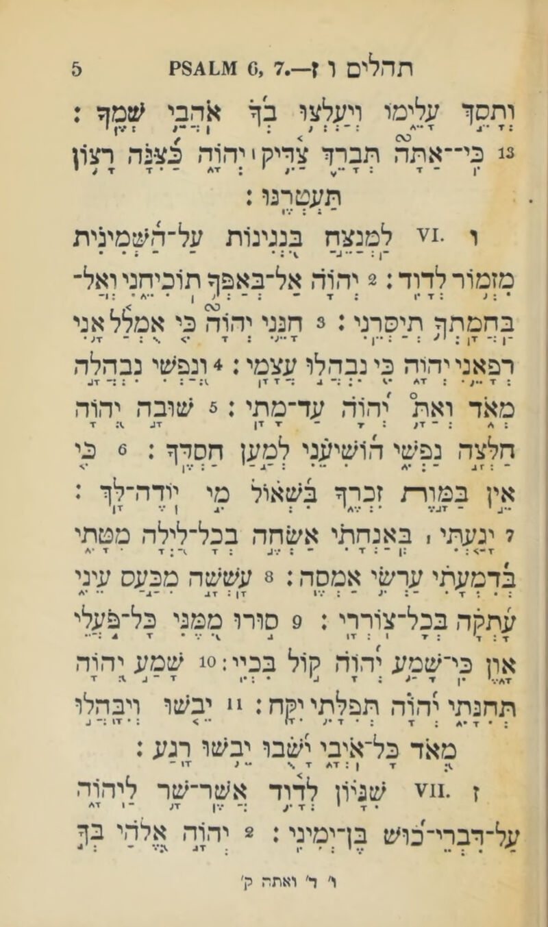 ותסך עלימו ויעלצו בך אהבי ^ממזד : 2! כי־־אתה תברך צדיק י יהרה כצגה רצון •ן - ד 1 ד •־ •ן י : - • ד x ^ י תעטרנו: * ; : .*ו ר למנצח בנגינות על־ה^טמינית ־1 : ; • - ־ ; • • מזמורלדוד: 2 יהירה אל־באפךתוכיחניואל- בחמתך תיסרני: 3 חנגי יהוה כי אמלל אני רפאני יהוה כי נבהלו עצמי:* ונפשי נבהלה ד •1 ס 9 ז זין מאד ואת יהוה עד־מתי:5 שובה יהוה \ א : - ז^ : ▼ - •ד זן זג .י: ד חלצה נפשי הושיעני למען חסדך : 6 כי אין במורת זכרך בשאול מי יודה־לך : ל יגעתי! באנחתי אשחה בכל־לילה מטתי ז->: ״ ;ן - : ז • ־• : •.*ג : ז; ז • ז בדמעתי ערשי אמסה: 8 עששה מכעס עיני 2 • ? ז • • 1 *ג • : ••1 זן ג זיג ״ •ג*■ •• עתקה בכל־צוררי: 9 סורו ממני כל־פעלי און כי־שמע יהוד! קול בכיי:0! שמע יהוה ז*...' .ן ז• ; ז ע' . ז ־ ג .ר. ז תחנתי יהוד. תפלתי יקח: !! יבשו ויבהלו : • ז ״4 : x : • ז •ע • ז) > : • זו :־ ג מאד כל־איבי ישבו יבשו רגע : .י; 1 x ; ז* ז \  ( ז-י- ז שגיון לדוד אן:ןר־שר ליד1וה • x י : ■ד •ע ;־ •.•ן xע - 1 ז<׳ על־דברי־כוש בן־ימיני: 2 יהוד, אלהי בך ^ .... :• י ; י •1 . ז4 ^;•י־ ־ : *■ 1״ ד׳ ואתה ק׳
