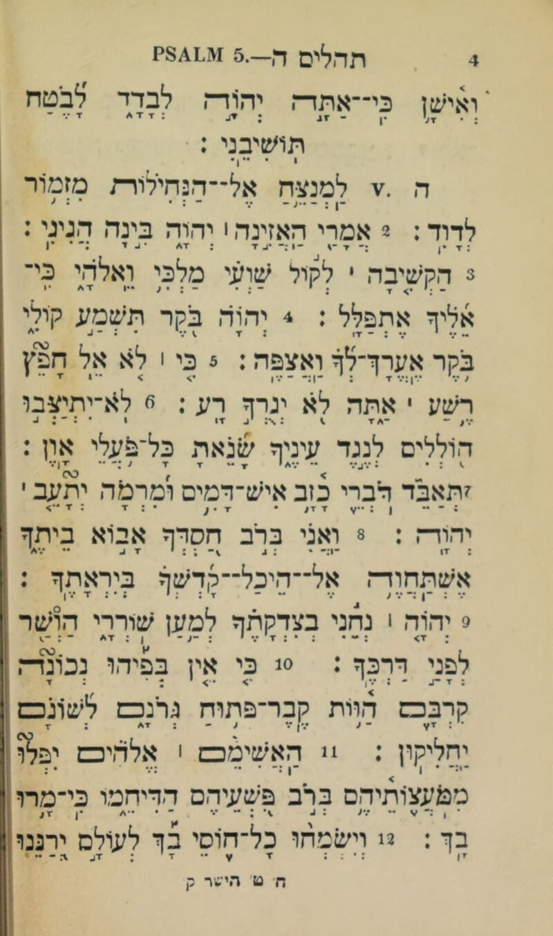 ' ואישן כי־־אתד-, יהוד-, לבדד לבטח ; • ־1־<1 •ן - ׳41 ; ▼ג : ־ד ־1 ^ י תושיבני : , . ה למנצח אל־־הנחילורת מזמור -ן ״ - : • • : ע לדוד: 2 אמרי האזינה • יהוה בינד, הגיגי: :▼ •ן • 1 ^ ד • 1 3 הקשיבה • לקול שועי מלכי ואלהי כי- אליך אתפלל : 4 יהוד, בקר תשמע קולי בקר אערך־לך ואצפה: 5 כי! לא אל חפץ רשע י אתה לא יגרד רע: 6 לא־יתיצבר - -*▼ \ זי• • • ־ הוללים לנגד עיניף שנאת כל־נ^עלי און : זתאבד דברי כזב איש־דמים ומרמה יתעב י ; | : ״^ x • x , ^ • ; ז : •ד יהוד־־, : 8 ואני ברב חסדך אבוא ביתך אשתחוד-. אל־־ך,יכל־־רןךשך ביראתך : 9 יהוד, ! נדזני בצדקתך למען שוררי הושר לפני דרכך : 0! כי אין בפיהו נכונז : x ^ ״ ג •*•ן *>••>*:* : x קרבכם ד,וות קבר־פתוח גרנכם ל׳םונכם •י : x^ - ^ •\ן ׳־.• ^ - : xי/ : ז יחליקון : !! האשימכם י אלד,יכם יפ^ו •>:־ • 1 י . .. ;״ מטעצותיהם ברב פשעיהם הדיחמו כי־מרו • , :־ ׳.י - /•/ : ג ; - •.ו ־ • ••4> •ן בך : 2! וישמדזו כל־חוסי בך לעולם ירננו זן : • : : x • •• ז י : • ח ט הי־^ר ק