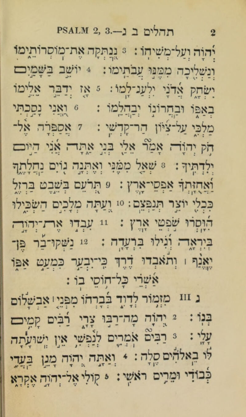 2 תהלים ב ג—.3 ,2 יהרה ועל־משיחו: 3 ננתקה את־מ־וסרותימ1 ; ז :־ : • 1 .>:!־ : ז׳ ••• ו • ־•^ . ונשליכה מפונו עבתימו: 4 יושב בשמיכם ; ־ ■ד • ג .■1 ״ג - ז־ ו- ישחק אדני ילעג־למו: 5 אז ידבר אלימו . ; •ד״ י :־ ז■ • : ־ ז, ז-> ; ־ -ג - ••ו- באפו ובחרונו יבהלמו : 6 ואני נסכתי ; - ^ ^ : -ן:- -1 .)־1:- • ז■ ^ • מלכי על־ציון הר־קדשי : 7 אספרה אל־ חק יהיוד־־, א% אלי בני אתדה אני היוכם ילדתיף: 8 שאל ממני ואתנה גויס נחלתה ואחזתה אפסי־ארץ : 9 תרעם בשבט ברזל - \ זן: י - ▼ן••• י : • ג .• - : ככלי יוצר תנפצם: 0! ועתה מלכים השכילו • • ג : - : ••ן - ז : ז • ג - הוסרו שפטי ארץ : !! עבדו ארת־יהוד־, ביראדה וגילו ברעדה : 2! נשקו־בר פר ז • 1 •ך!/ : • • : ז דן - 1 - דרו ב* * יאנף 1 ותאבדו דרך כי־יבער כמעט אפו אשרי כל־ח1סי בו: ־ =•־ ז־ ׳• •• 1 ג!1! מזמור לדוד בברח1 מפני י אבשילום • ^ •^*4 ;־דג •י •״> • ; ־ד בנ1: 2 יהוה מה/רבו צרי רבים קמיכם עלי; 3 רבים אמרים לנפשי אין ישועתה לו באלהים סלה. ♦ ואתה יהוה מגן בעדי ^ י *•'1 יי■ : ־ ז■*. ד ד ••ג* ־1 :־ •וג (|ב1ךי ומרים ראץ^י נ * קולי אל־יהוד, אקרא
