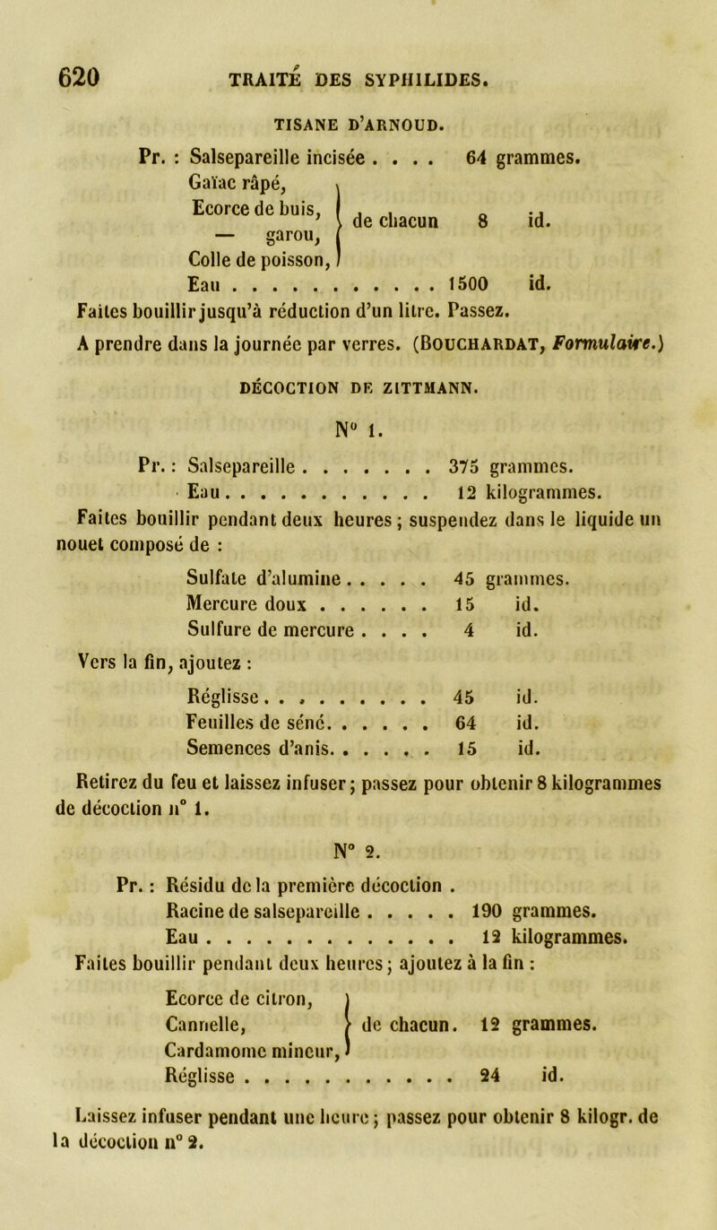 TISANE D’ARNOUD. Pr. : Salsepareille incisée .... 64 grammes. Gaïac râpé, » Ecorce de buis, . . „ .. ’ \ de cliacun 8 îd. — garou, j Colle de poisson, ) Eau 1500 id. Faites bouillir jusqu’à réduction d’un litre. Passez. A prendre dans la journée par verres. (Bouchardat, Formulaire.) DÉCOCTION DE ZITTMANN. N I. Pr. : Salsepareille 375 grammes. Eau 12 kilogrammes. Faites bouillir pendant deux heures; suspendez dans le liquide un nouet composé de : Sulfate d’alumine 45 grammes. Mercure doux 15 id. Sulfure de mercure .... 4 id. Vers la fin, ajoutez : Réglisse 45 id. Feuilles de séné 64 id. Semences d’anis 15 id. Retirez du feu et laissez infuser; passez pour obtenir 8 kilogrammes de décoction n° 1. N° 2. Pr. : Résidu delà première décoction . Racine de salsepareille 190 grammes. Eau 12 kilogrammes. Faites bouillir pendant deux heures ; ajoutez à la fin : Ecorce de citron, Cannelle, Cardamome mineur, Réglisse de chacun. 12 grammes. 24 id. Laissez infuser pendant une heure; passez pour obtenir 8 kilogr. de la décoction n° 2.