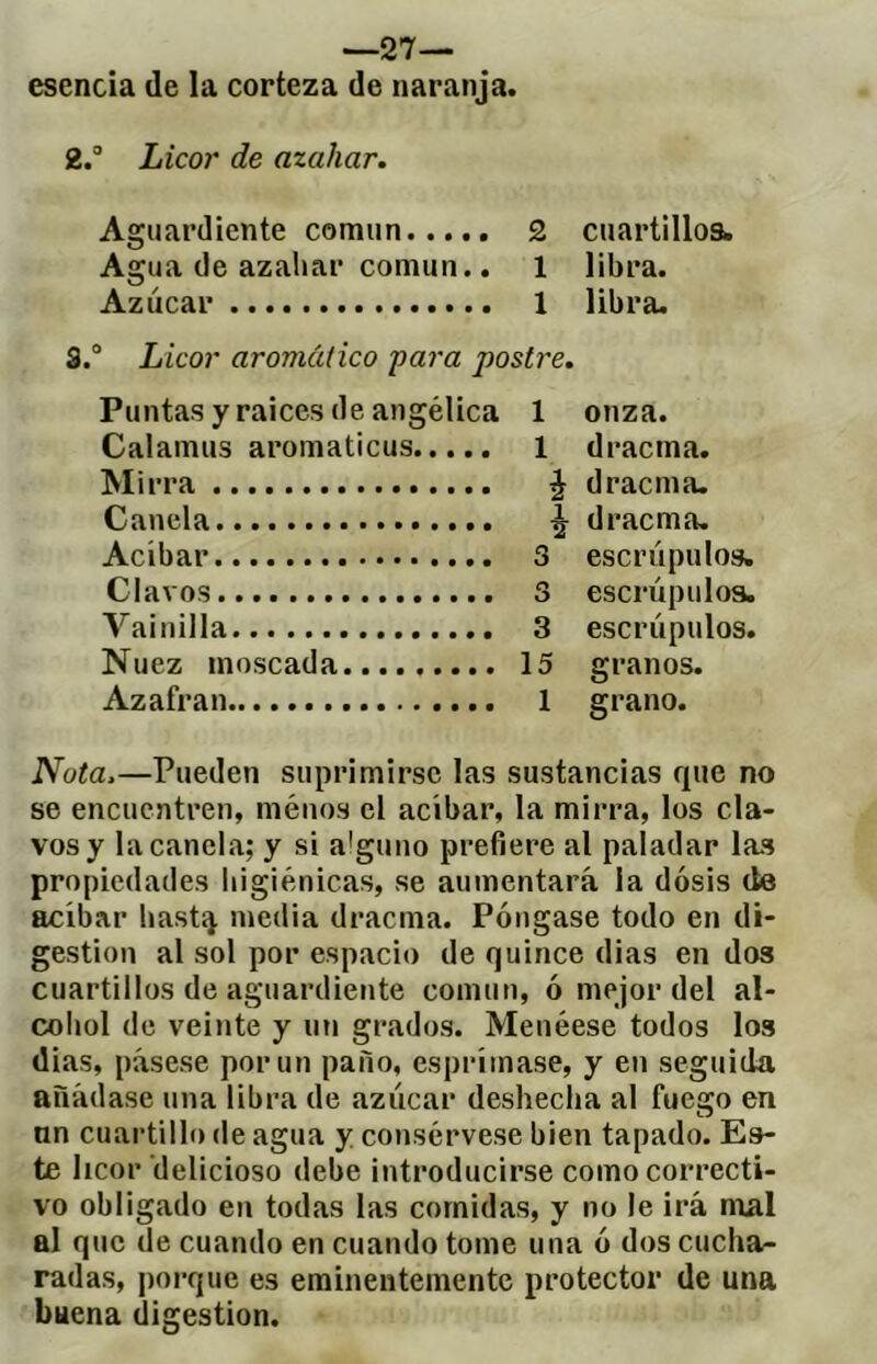 —27— esencia de la corteza de naranja. 2. Licor de azahar. Aguardiente común 2 cuartillos. Agua de azaliar común.. 1 libra. Azúcar 1 libra. S.“ Licor aromático para postre. Puntas y raíces de angélica 1 onza. Calamus aromaticus 1 dracma. Mirra ^ dracma. Canela ^ dracma. Acíbar 3 escrúpulos. Clavos 3 escrúpulos. Vainilla 3 escrúpulos. Nuez moscada 15 granos. Azafrán 1 grano. Nota.—Pueden suprimirse las sustancias que no se encuentren, menos el acíbar, la mirra, los cla- vos y la canela; y si alguno prefiere al paladar las propiedades higiénicas, se aumentará la dosis de acíbar bastq media dracma. Póngase todo en di- gestion al sol por espacio de quince dias en dos cuartillos de aguardiente común, ó mejor del al- cohol de veinte y un grados. Menéese todos los dias, pásese por un paño, esprímase, y en seguida añádase una libra de azúcar deshecha al fuego en nn cuartillo de agua y consérvese bien tapado. Es- te licor delicioso debe introducirse como correcti- vo obligado en todas las comidas, y no le irá mal al que de cuando en cuando tome una ó dos cucha- radas, porque es eminentemente protector de una buena digestion.