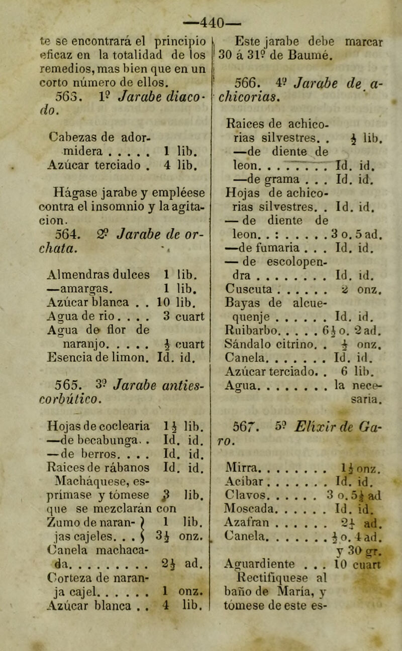 —440— f.e se encontrará el principio eficaz en la totalidad de los remedios, mas bien que en un corto número de ellos. 563. 1? Jarabe diaco- do. Cabezas de ador- midera 1 lib. Azúcar terciado . 4 lib. Há^se jarabe y empléese contra el insomnio y la agita- ción. 564. 2? Jarabe de or- chata. •. Almendras dulces 1 lib. —amargas. 1 lib. Azúcar blanca . . 10 lib. Agua de rio ... . 3 cuart Agua do flor de naranjo ^ cuart Esencia de limon. Id. id. 565. 3? Jarabe anties- corbútico. Hojas de coclearia lib. —de becabunga. . Id. id. — de berros. ... Id. id. Raíces de rábanos Id. id. Macháquese, es- prímase y tómese ^ lib. (|iie se mezclarán con Zumo de naran-) 1 lib. jas cajeles. . . ^ 3i onz. Canela machaca- da ad. Corteza de naran- ja cajel 1 onz. Azúcar blanca . . 4 lib. Este jarabe debe marcar 30 á 31? de Baumé. 566. 4i^ Jarabe de a- chicorias. Raíces de achico- rias silvestres. . ^ lib. —de diente de león. ....... Id. id. —de grama ... Id. id. Hojas de achico- rias silvestres. . Id. id, — de diente de león. . : 3 o. 5ad. —de fumaria. . , Id, id. — de escolopen- dra Id. id. Cuscuta onz. Bayas de alcue- quenje Id. id. Ruibarbo Ojo. ‘2ad. Sándalo citrino. . onz. Canela Id. id. Azúcar terciado. . 6 lib. Agua la nece- saria. 567. 5? Elíxir de Ga- ró. Mirra lionz. Acíbar Id. id. Clavos 3o.5^a<.l Moscada Id. id. Azafrán 2j- ad. Canela ^ o, 4ad, y 30 gr. Aguardiente ... 10 cuart Rectifíquese al baño de María, y tómese de este es-