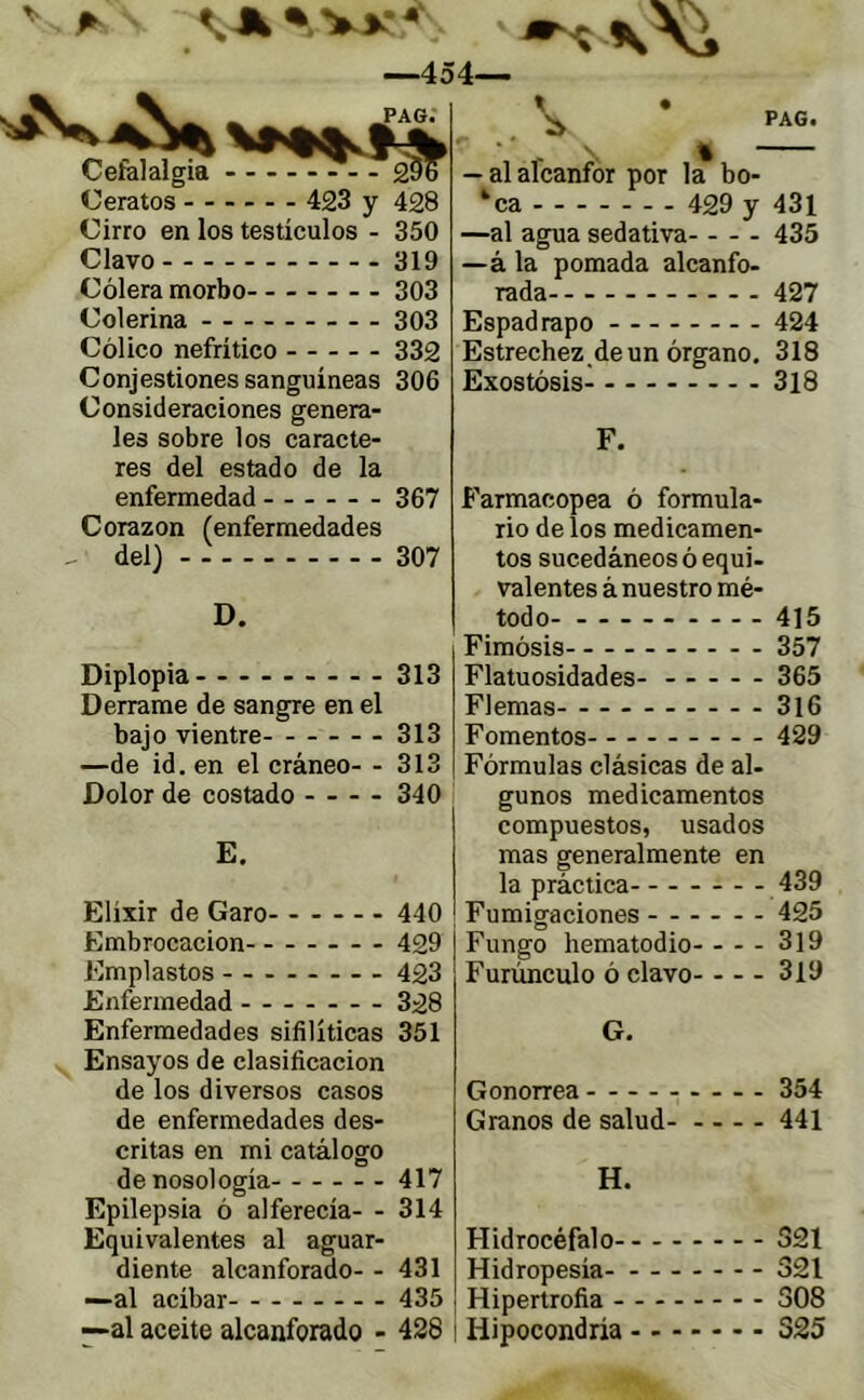 Ceratos ------ 423 y 428 Cirro en los testículos - 350 Clavo 319 Cólera morbo 303 Colerina -- - 303 Cólico nefrítico 332 Conjestiones sanguíneas 306 Consideraciones genera- les sobre los caracte- res del estado de la enfermedad 367 Corazón (enfermedades del) 307 D. Diplopia- - -- -- -- - 313 Derrame de sangre en el bajo vientre 313 —de id. en el cráneo- - 313 Dolor de costado 340 E. Elixir de Garó- - 440 Embrocación 429 Emplastos 423 Enfermedad 328 Enfermedades sifilíticas 351 Ensayos de clasificación de los diversos casos de enfermedades des- critas en mi catálogo de nosología 417 Epilepsia ó alferecía- - 314 Equivalentes al aguar- diente alcanforado- - 431 ■—al acíbar 435 —al aceite alcanforado - 428 . b — al afcanfor por la bo- ‘ca 429 y 43l —al agua sedativa 435 —á la pomada alcanfo- rada- 427 Espadrapo 424 Estrechez.de un órgano. 318 Exostósis- 318 F. Farmacopea ó formula- rio de los medicamen- tos sucedáneos ó equi- valentes á nuestro mé- todo- 415 Fimósis 357 Flatuosidades- 365 Flemas 3l6 Fomentos 429 Fórmulas clásicas de al- gunos medicamentos compuestos, usados mas generalmente en la práctica- - 439 Fumigaciones 425 Fungo hematodio 3l9 Furúnculo ó clavo 319 G. Gonorrea 354 Granos de salud 441 H. Hidrocéfalo 321 Hidropesía - 321 Hipertrofia - -- -- -- - 308 I Hipocondría 525