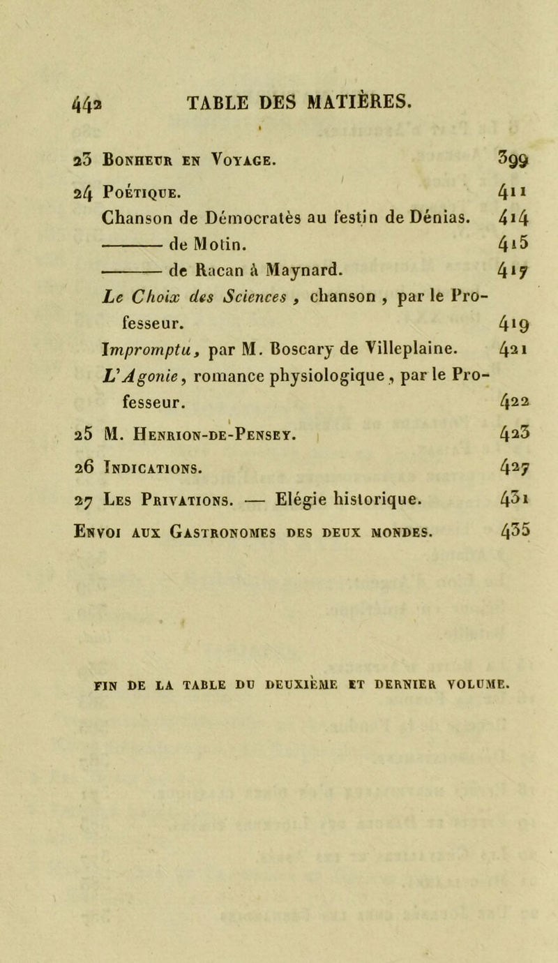 23 BONHEUR EN VOYAGE. 3gQ[ 24 Poétique. 4*1 Chanson de Démocratès au festin de Dénias. 4i4 de Motin. 4A5 ■ de Racan Maynard. 4*7 Le Choix des Sciences , chanson , par le Pro- fesseur. 4*9 Impromptu, par M. Boscary de Villeplaine. 421 L'Agonie, romance physiologique , par le Pro- fesseur. 422 t a5 M. Henrion-de-Pensey. 42^ 26 Indications. 427 27 Les Privations. — Elégie historique. 4^i Envoi aux Gastronomes des deux mondes. 4^5