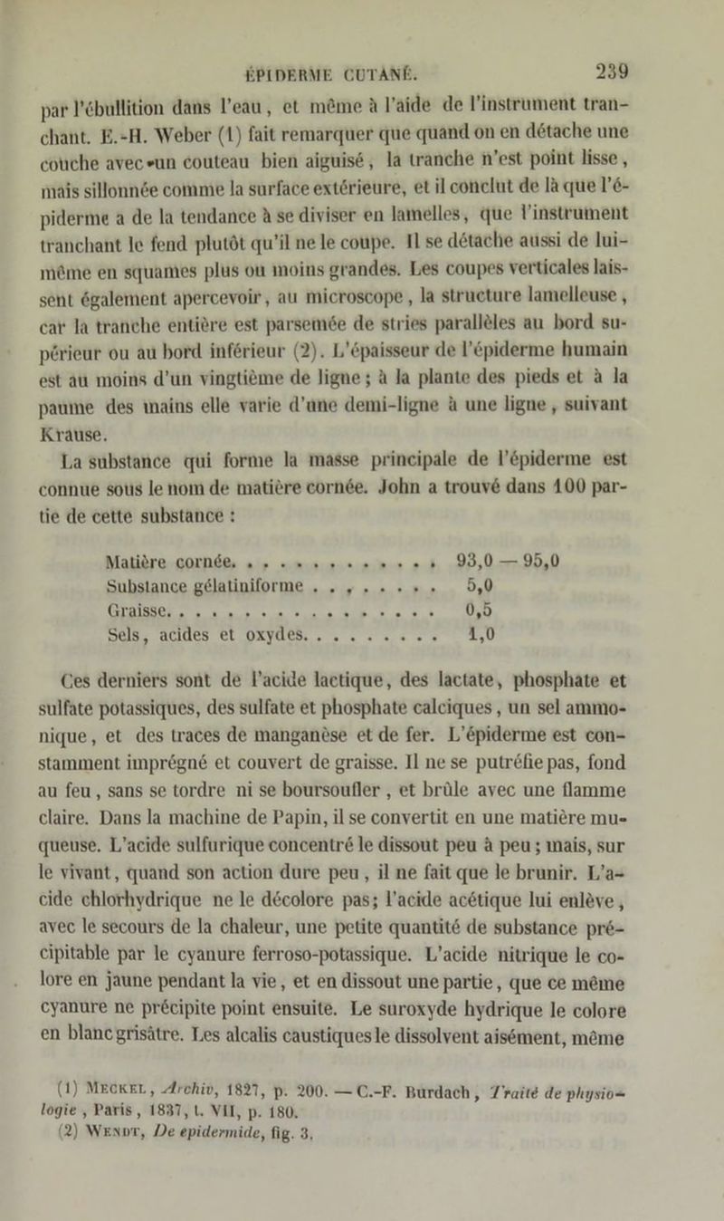 par P’cbullition dans l’eau, et m@me A l’aide de l’instrument tran- chant. E.-H. Weber (1) fait remarquer que quand on en d6tache une couche avec-un couteau bien aiguise, la tranche n’est point lisse , mais sillonnde comme la surface extörieure, et il conclut de la que l’E- piderme a de la tendance A se diviser en lamelles, que instrument tranchant le fend plutöt qu’il ne le coupe. Il se d&amp;tache aussi de lui- möme en squames plus ou moins grandes. Les coupes verticales lais- sent ögalement apercevoir, au microscope , la structure lamelleuse , car la tranche entiere est parsem6e de stries parallöles au bord su- p@rieur ou au bord införieur (2). L’öpaisseur de l’£piderme humain est au moins d’un vingtiöme de ligne ; A la plante des pieds et a la paume des wmains elle varie d'une demi-ligne &amp; une ligne , suivant Krause, La substance qui forme la masse prineipale de l’&amp;piderme est connue sous le nom de matiere cornee, John a trouv6 dans 100 par- tie de cette substance : Matiere COInd&amp; 2» em sn een. 05 93,0 — 95,0 Substance gelatiniforme . „u... +.» 5,0 NET re ER 0,5 SOlB HOINES GL OXYÜLB. so © < u. 06 MU Ces derniers sont de l’acide laetique, des lactate, phosphate et sulfate potassiques, des sulfate et phosphate calciques , un sel ammo- nique, et des traces de manganese et de fer. L’&amp;piderme est con- stamment impregn&amp; et couvert de graisse, Il ne se putr£fie pas, fond au feu,, sans se tordre ni se boursoufler , et brüle avec une flamme claire. Dans la machine de Papin, il se convertit en une matiere mu=- queuse. L’acide sulfurique concentr&amp; le dissout peu &amp; peu ; ınais, sur le vivant, quand son action dure peu, il ne fait que le brunir. L’a- cide chlorhydrique ne le d&amp;colore pas; l’acide acötique lui enleve, avec le secours de la chaleur, une petite quantite de substance pre- eipitable par le cyanure ferroso-potassique. L’acide nitrique le co- lore en jaune pendant la vie, et en dissout une partie, que ce m&amp;me eyanure ne pr£cipite point ensuite. Le suroxyde hydrique le colore en blancgrisätre. Les alcalis caustiquesle dissolvent aisement, möme (1) MEcKEL, Archiv, 1827, p. 200. — C.-F. Burdach » Traite de physio= logie , Paris, 1837, 1. VIL, p. 180, (2) Wenpt, De epidermide, fig. 3,