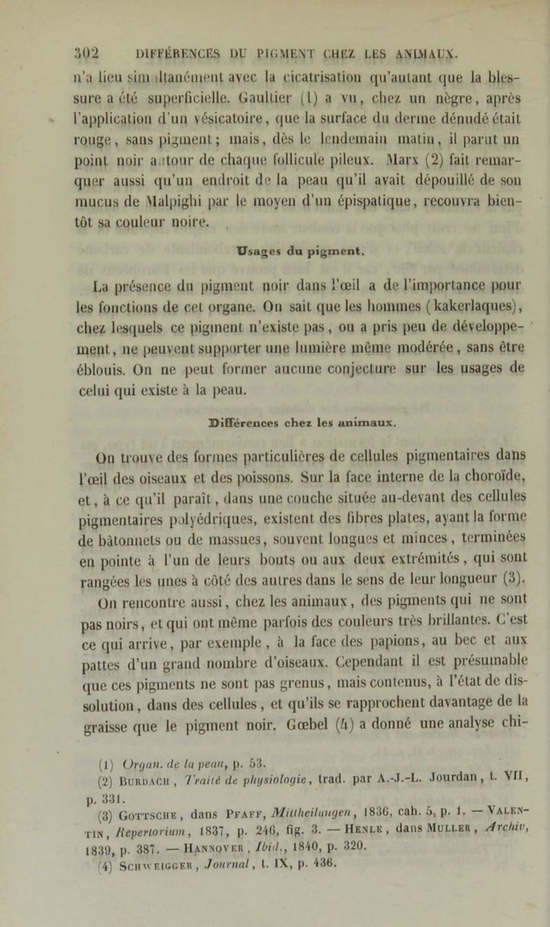 n’a lieu simsltanement avec la cicatrisation qu’autant que la bles- sure a &amp;t&amp; superficielle. Gaultier (1) a vu, chez un negre, apres l’application d'un vösicatoire, que la surface du derine denude Ctait rouge, sans pigment; mais, d&amp;s le lendemain matin, il parut un point noir autour de chaque follicule pileux. Marx (2) fait remar- quer aussi qu’un endroit de la peau qu’il avait depouill&amp; de son mucus de Malpighi par le moyen d’un &amp;pispatique, recouyra bien- töt sa couleur noire. Usages du pigment, La prösence du pigment noir dans Yeil a de l’importance ppur les fonctions de cet organe. On sait que les hommes (kakerlaques), chez lesquels ce pigıinent n’existe pas, ou a pris peu de d&amp;veloppe- ment, ne peuvent supporter une lumiere möme mod£rte , sans &amp;tre eblouis. On ne peut former aucune conjeeture sur les usages de celui qui existe a la peau. Differences chez les animaux. On trouve des formes particuliöres de cellules pigmentaires dans Y’ceil des oiseaux et des poissons. Sur la face interne de la choroide, et,ä ce qu’il parait, dans une couche situ@e au-devant des cellules pigmentaires polyedriques, existent des fibres plates, ayant la forme de bätonnets ou de massues, souvent longues et minces, termindes en pointe a un de leurs bouts ou aux deux extr&amp;mites, qui sont rang6es les unes a cötd des autres dans le sens de leur longueur (3). On rencontre aussi, chez les animaux, des pigments qui ne sont pas noirs, et qui ont m&amp;me parfois des couleurs tr&amp;s brillantes. C'est ce qui arrive, par exemple, a la face des papions, au bec et aux pattes d’un grand nombre d’oiseaux. Gependant il est pr&amp;sumable que ces pigments ne sont pas grenus, mais contenus, A l’&amp;tat de dis- solution , dans des cellules, et qu’ils se rapprochent davantage de la graisse que le pigment noir. Geebel (I) a donn€ une analyse chi- (1) Organ. de la peau, p. 53. (2) Bunvacn, Traite de physiologie, trad. par A.-J.-L. Jourdan, t. VII, p- 331. (3) Gorrsche, dans Prarr, Mittheiluugen, 1836, cah. 5, p. 1. — VALEN- rın, Repertorium, 1837, p. 246, fig. 3. — Heste, dans MuLLER, Archiv, 1839, p- 387. — HAnnoVER, Jbid,, 1840, p. 320. (4) Scnweisser, Journal, t. IX, p. 436.