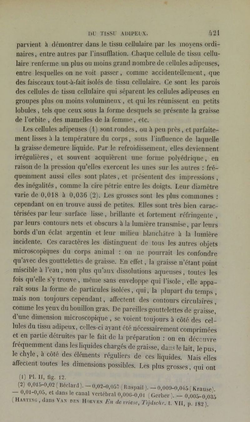 parvient A d@montrer dans le tissu cellulaire par les moyens ordi- naires, entre autres par l’insufllation. Chaque cellule de tissu cellu- laire renferme un plus ou moins grand nombre de cellules adipeuses, entre lesquelles on ne voit passer, comme accidentellement,, que des faisceaux tout-a-fait isol&amp;s de tissu cellulaire. Ce sont les parois des cellules de tissu cellulaire qui söparent les cellules adipeuses en groupes plus ou moins volumineux , et qui les r&amp;unissent en petits lobules , tels que ceux sous la forme desquels se pr&amp;sente la graisse de l’orbite , des mamelles de la femme, etc. Les cellules adipeuses (1) sont rondes, ou A peu pres, et parfaite- ment lisses ü la temperature du corps, sous l’influence de laquelle la graisse demeure liquide. Par le refroidissement, elles deviennent irrögulieres, et souvent acquierent une forme polyedrique, en raison de la pression qu’elles exercent les unes sur les autres : fr6- quemment aussi elles sont plates, et prösentent des impressions , des inegalites , comme la cire pötrie entre les doigts. Leur diamötre varie de 0,018 &amp; 0,036 (2). Les grosses sont les plus communes : cependant on en trouve aussi de petites. Elles sont trös bien carac- terisdes par leur surface lisse, brillante et fortement r&amp;fringente , par leurs contours nets et obscurs A la lumiere transmise, par leurs bords d’un &amp;clat argentin et leur milieu blanchätre A la Iumiöre incidente. Ces caracteres les distinguent de tous les autres objets microscopiques du corps animal : on ne ponrrait les confondre qu’avec des gouttelettes de graisse. En effet , la graisse n’ötant point miscible A l’eau, non plus qu’aux dissolutions aqueuses, toutes les fois quelle s’y trouve,, meme sans enveloppe qui l’isole , elle appa- rait sous la forme de particules isoldes, qui, la plupart du temps , mais non toujours cependant, affectent des contours eireulaires ‚ comme les yeux du bouillon gras. De pareilles gouttelettes de graisse, d’une dimension mieroscopique , se voient toujours a cöt&amp; des cel- lules du tissu adipeux, celles-ci ayant öt6 necessairement comprim6es et en partie detruites par le fait de la pr£paration : on en deccuvre fr&amp;quemment dans les liquides charges de graisse, dansle lait, lepus, le chyle, a cöt&amp; des &amp;löments röguliers de ces liquides. Mais elles affecient toutes les dimensions possibles. Les plus grosses, qui ont GIBLIT DE: 12, (2) 0,015-0,02 ( Beclard). — 0,02-0,057 (Raspail‘). — 0,009-0,045 ( Krause). = 0,01-0,05, et dans le canal vertebral 0,006-0,01 (Gerber). — 0,005-0,035 (HarTınG , dans VAN DEN HoEvEN Zn de vriese, Tijdschr. t. VIT, p. 182).