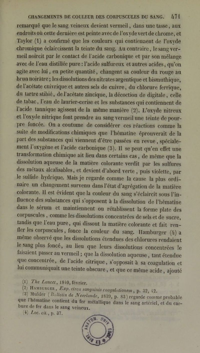remarqu&amp; que le sang veineux devient vermeil,, dans une tasse, aux endroits oü cette derniere est peinte avec de l’oxydevertde chrome, et Taylor (1) a confirm&amp; que les couleurs qui contiennent de l’oxyde chromique &amp;claircissent la teinte du sang. Au contraire, lesang ver- meil noircit par le contact de l’acide carbonique et par son melange avec de l’eau distillde pure : l’acide sulfureux et autres acides, qu’on agite avec lui,, en petite quantit6, changent sa couleur du rouge au brun noirätre;; les dissolutions des nitrates argentique et bismuthique, de l’acetate cuiyrique et autres sels de cuivre, du chlorure ferrique, du tartre stibi6, del’acötate zincique, la decoction de digitale, celle de tabac, l’eau de laurier-cerise et les substances qui contiennent de V’acide tannique agissent de la m&amp;me maniöre (2). L’oxyde nitreux et l’oxyde nitrique font prendre au sang vermeil une teinte de pour- pre foncee. On a coutume de considerer ces reactions comme la suite de modifications chimiques que l’h&amp;matine &amp;prouverait de la part des substances qui viennent d’ötre pass6es en revue,, speciale- ment l’oxygene et l’acide carbonique (3). Il se peut qu’en effet une transformation chimique ait lieu dans certains cas, de möme que la dissolution aqueuse de la matiere colorante verdit par les sulfures des metaux alcalisables, et devient d’abord verte , puis violette, par le sulide hydrique, Mais je regarde comme la cause la plus ordi- naire un changement survenu dans l’stat d’agregation de la matiere colorante, Il est Evident que la couleur du sang s’sclaireit sous l’in- (luence des substances qui s’opposent A la dissolution de l’hömatine dans le serum et maintiennent ou rötablissent la forme plate des corpuscules , comme les dissolutions concentr&amp;es de sels et de sucre, tandis que l’eau pure, qui dissout la matidre colorante et fait ren- fler les corpuscules , fonce la couleur du sang. Hamburger (4) a meme observ&amp; que les dissolutions &amp;tendues des chlorures rendaient le sang plus fonc&amp;, au lieu que leurs dissolutions concentr6es le faisaient passer au vermeil ; que la dissolution aqueuse, tant ötendue que concentree, de l’acide citrique, s’opposait A sa coagulation et lui communiquait une teinte obscure , et que ce m&amp;me acide, ajoute (1) The Lancet, 1840, f&amp;yrier, (?) HAmsuRGEr, Exp. circa sanguinis coagulutionem , p. 32, 42. (3) Mulder ( Bulletin de Neerlande, 1839, p. 83) regarde comme probable que l’hömatine contient du fer metallique dans le sang arteriel, et du car- bure de fer dans le sang veineux.