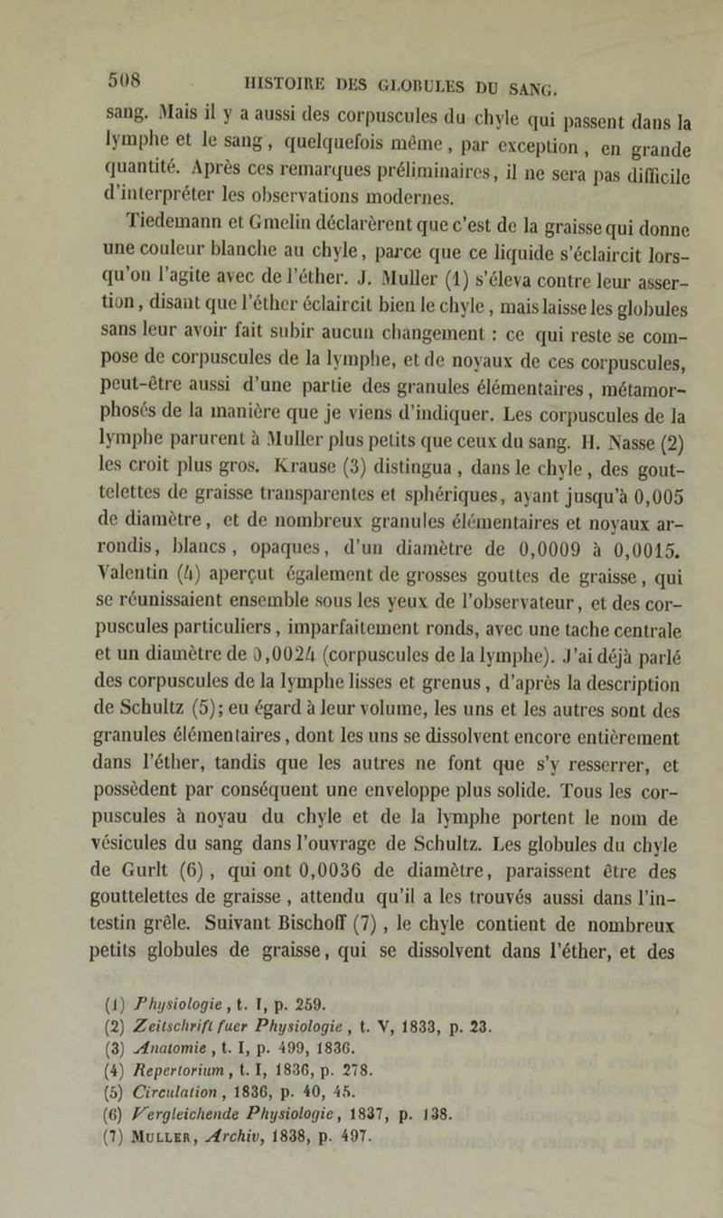 sang. Mais il y a aussi des corpuscules du: chyle qui passent dans la Iymphe et le sang‘, quelquefois meme , par exception, en grande quantit&amp;. Apres ces remarques preliminaires, il ne sera pas difficile d’interpröter les observations modernes. Tiedemann et Gmelin declarörent que c’est de la graisse qui donne une couleur blanche au chyle, parce que ce liquide s’6claircit lors- qu’on l’agite avec de l’ether. J. Muller (1) s’6leva contre leur asser- tion, disant que l’öther &amp;claireit bien le chyle , mais laisse les globules sans leur avoir fait subir aucun changement : ce qui reste se com- pose de corpuscules de la Iymphe, et de noyaux de ces corpuscules, peut-£tre aussi d’une partie des granules elmentaires , m&amp;tamor- phosts de la maniere que je viens d’indiquer. Les corpuscules de la Iymphe parurent a Muller plus petits que ceux du sang. H. Nasse (2) les eroit plus gros. Krause (3) distingua, dans le chyle , des gout- telettes de graisse transparentes et sphöriques, ayant jusqu’a 0,005 de diamötre, et de nombreux granules &amp;lömentaires et noyaux ar- rondis, blancs, opaques, d’un diame&amp;tre de 0,0009 A 0,0015. Valentin (4) apergut ögalement de grosses gouttes de graisse , qui se r&amp;unissaient ensemble sous les yeux de l’observateur, et des cor- puscules particuliers , imparfaitement ronds, avec une tache centrale et un diamötre de ),0024 (corpuscules de la lymphe). J’ai d&amp;ja parle des corpuscules de la Iymphe lisses et grenus, d’aprös la description de Schultz (5); eu &amp;gard a leur volume, les uns et les autres sont des granules &amp;l&amp;mentaires , dont les uns se dissolvent encore entierement dans l’&amp;ther, tandis que les autres ne font que s’y resserrer, et possedent par consequent une enveloppe plus solide. Tous les cor- puscules ä noyau du chyle et de la Iymphe portent le nom de vösicules du sang dans l’ouvrage de Schultz. Les globules du chyle de Gurlt (6), qui ont 0,0036 de diam£tre, paraissent &amp;tre des gouttelettes de graisse , attendu qu’il a les trouv6s aussi dans l’in- testin grele. Suivant Bischoff (7) , le chyle contient de nombreux petits globules de graisse, qui se dissolvent dans l’&amp;ther, et des 1) Physiologie ,t. I, p. 259. 2) Zeitschrift fuer Physiologie, t. V, 1833, p. 23. 3) Anatomie, t. I, p. 499, 1836. (4) Repertorium, t.I, 1836, p. 278. (5) Circulation,, 1836, p. 40, 45. (6) Vergleichende Physiologie, 1837, p. 138. (7) Mutter, Archiv, 1838, p. 497. ( ( (