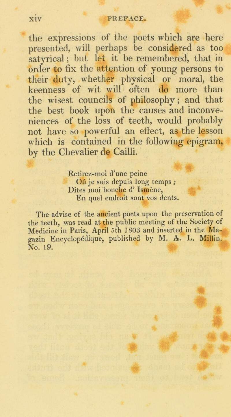 the expressions of the poets which are here presented, will perhaps be considered as too satyrical ; but let it be remembered, that in order to fix the attention of young persons to their duty, whethèr physical or moral, the keenness of wit will often do more than the wisest councils of philosophy ; and tliat the best book upoifi the causes and inconve- niences of the loss of teeth, would probably not hâve so powerful an effect, as the lesson which is contained in the following epigram, by the Chevalier de Cailli. Retirez-moi d’une peine Où je suis depuis long temps; Dites moi bonche d’Ismène, En quel endroit sont vos dents. The advise of the ancient poets upon the préservation of lhe teeth, was read at the public meeting of the Society of Medicine in Paris, April 5th 1 803 and inserted in the Ma- gazin Encyclopédique, published by M. A. L. Millin. No. l9.